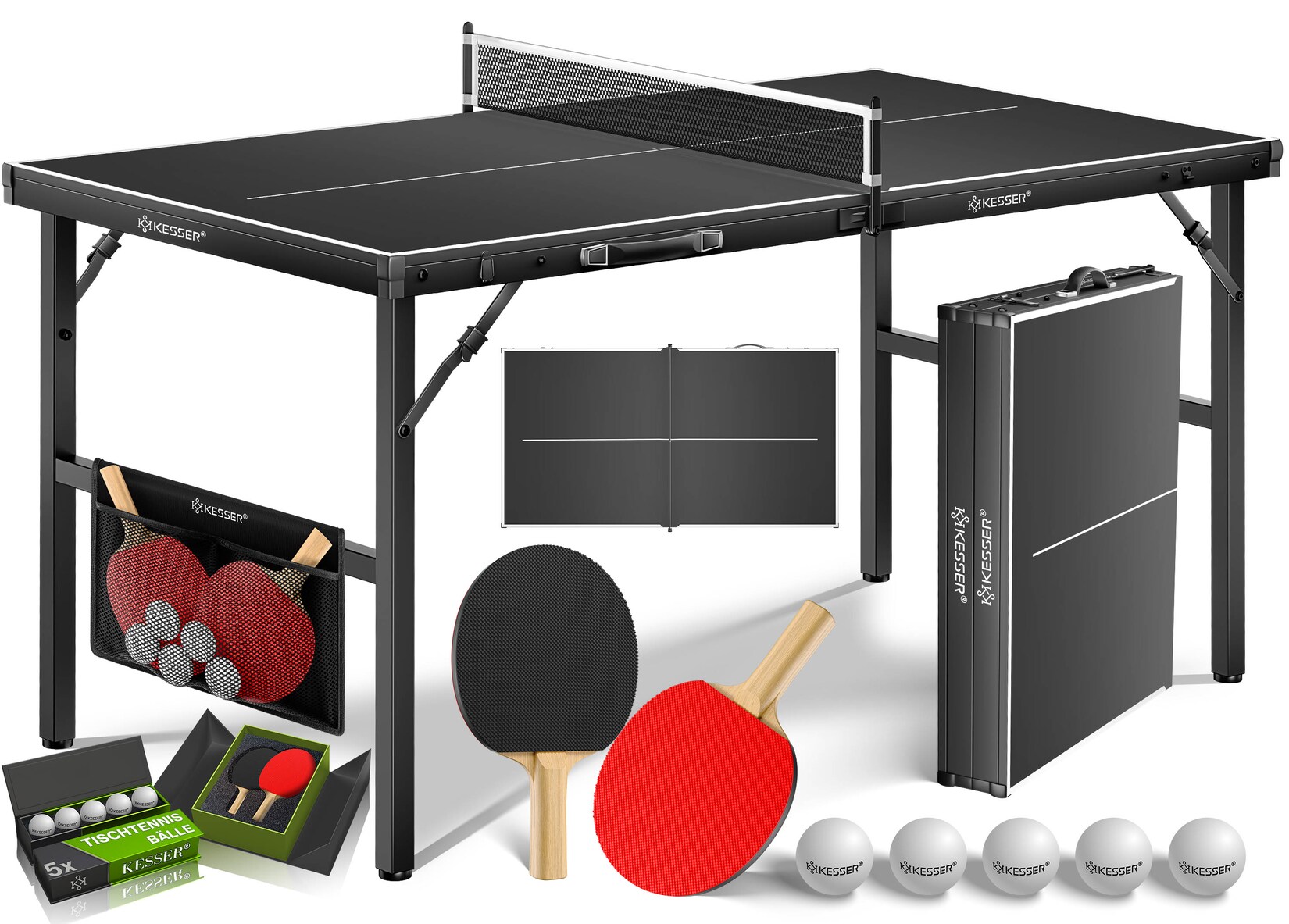 ® Tischtennisplatte Mini mit Tischtennisschläger-Set, Tischtennisbällen und TT-Netz   Indoor   Unterwegs, laminierte Platte + klappbar – Kofferdesign, Kinder und Erwachsene – 153 x 76,5 cm
