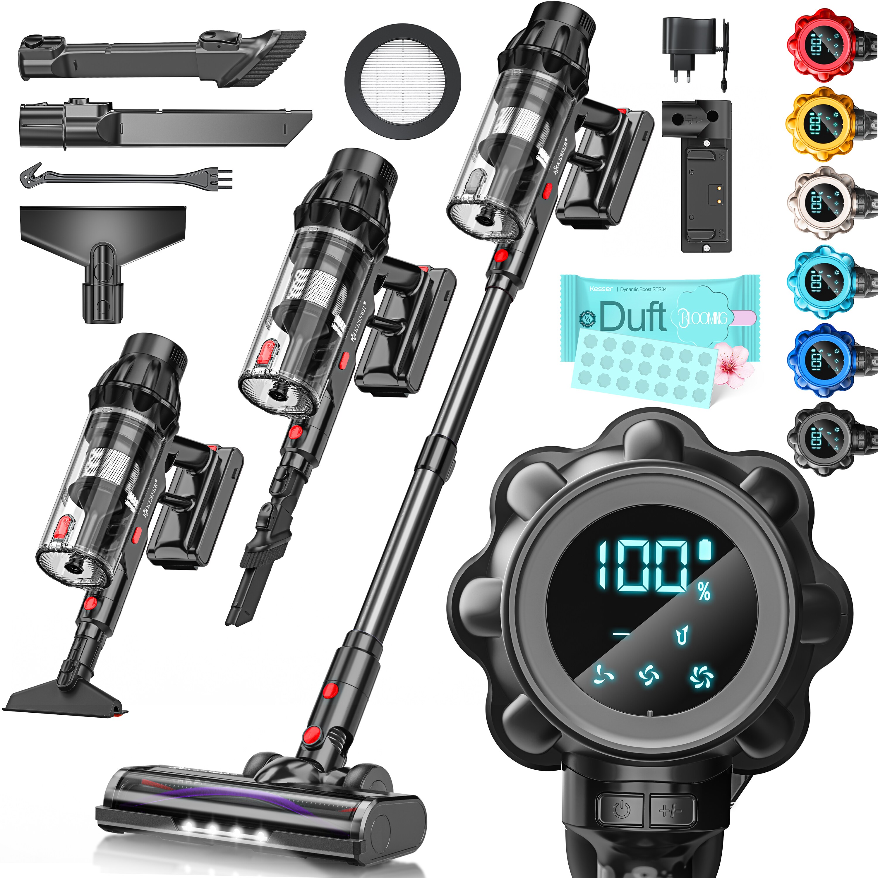 KESSER&reg; Akku Staubsauger kabellos bis 70 Min. Laufzeit & Leise | Akkustaubsaguer mit LED Display Stabstaubsauger beutellos mit Anti-Tangle-Bodenb&uuml;rste f&uuml;r Hartb&ouml;den Teppich Tierhaare 