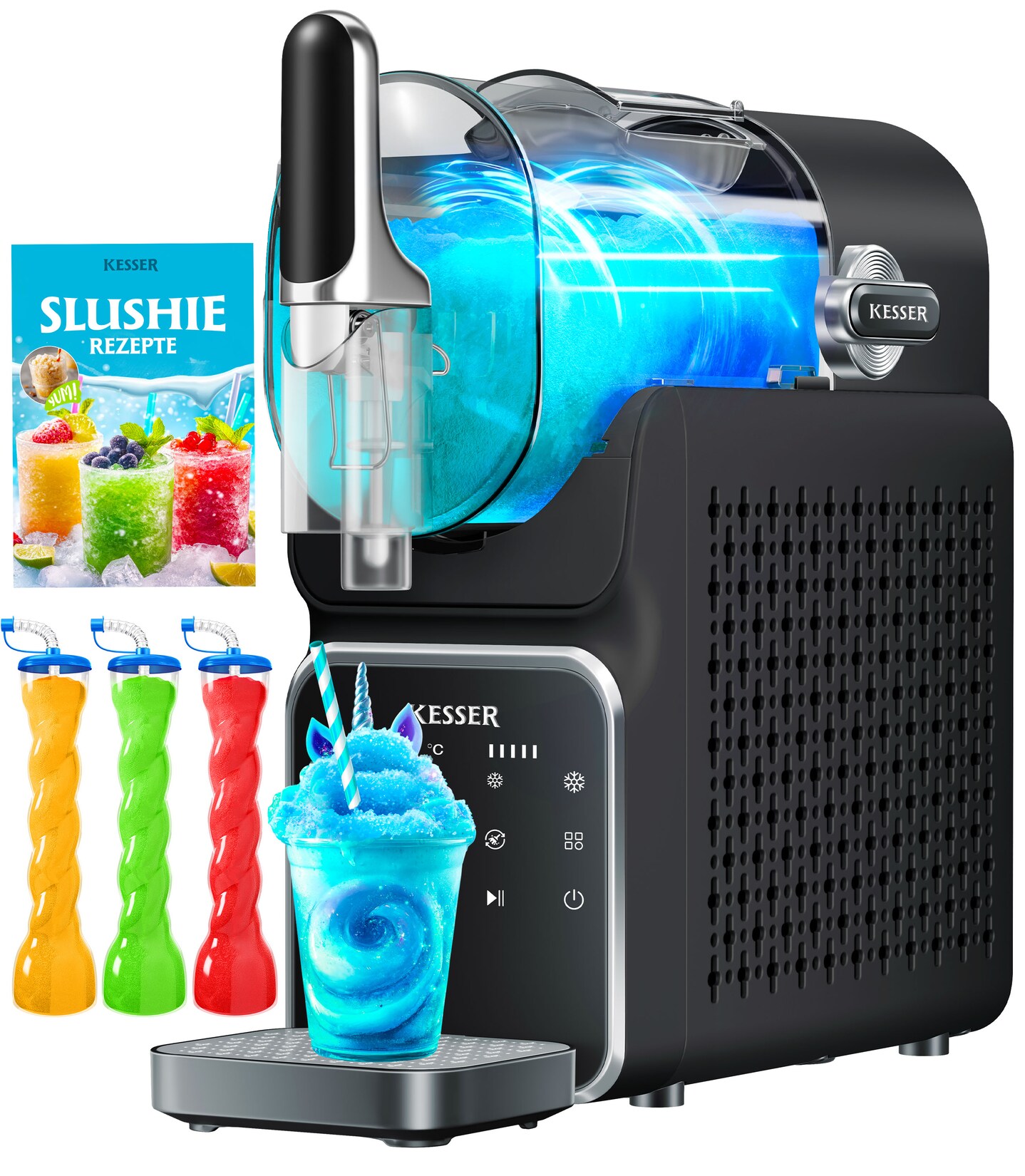 ® Slush Maschine für zu Hause - Slush Ice Maker  - für Slush, Eis-Cocktails, Frappés, Milchshakes & gefrorenen Saft - in 25 min & mit 6 Programmen - inkl. 3x Becher & Rezeptbuch