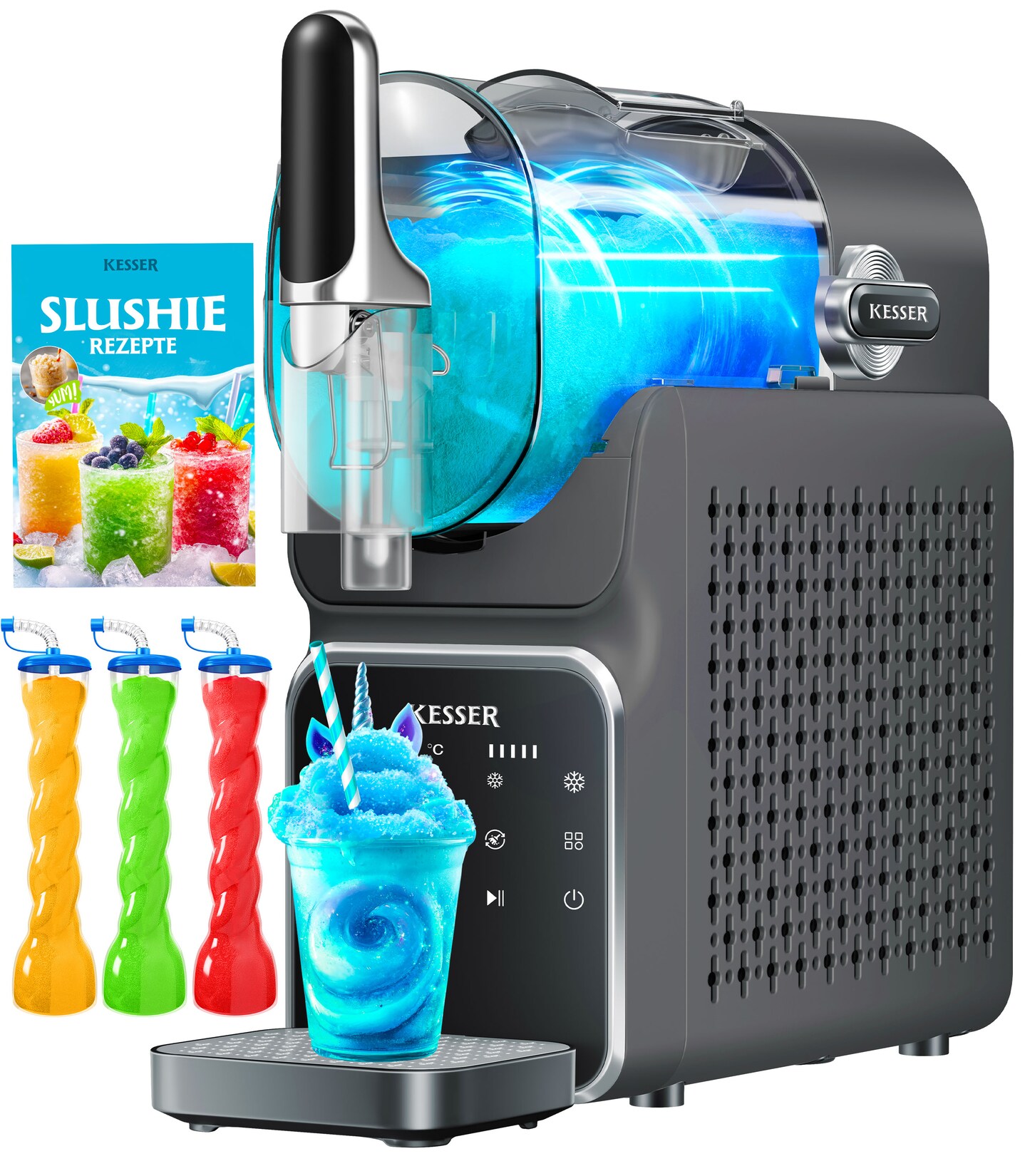 ® Slush Maschine für zu Hause - Slush Ice Maker  - für Slush, Eis-Cocktails, Frappés, Milchshakes & gefrorenen Saft - in 25 min & mit 6 Programmen - inkl. 3x Becher & Rezeptbuch
