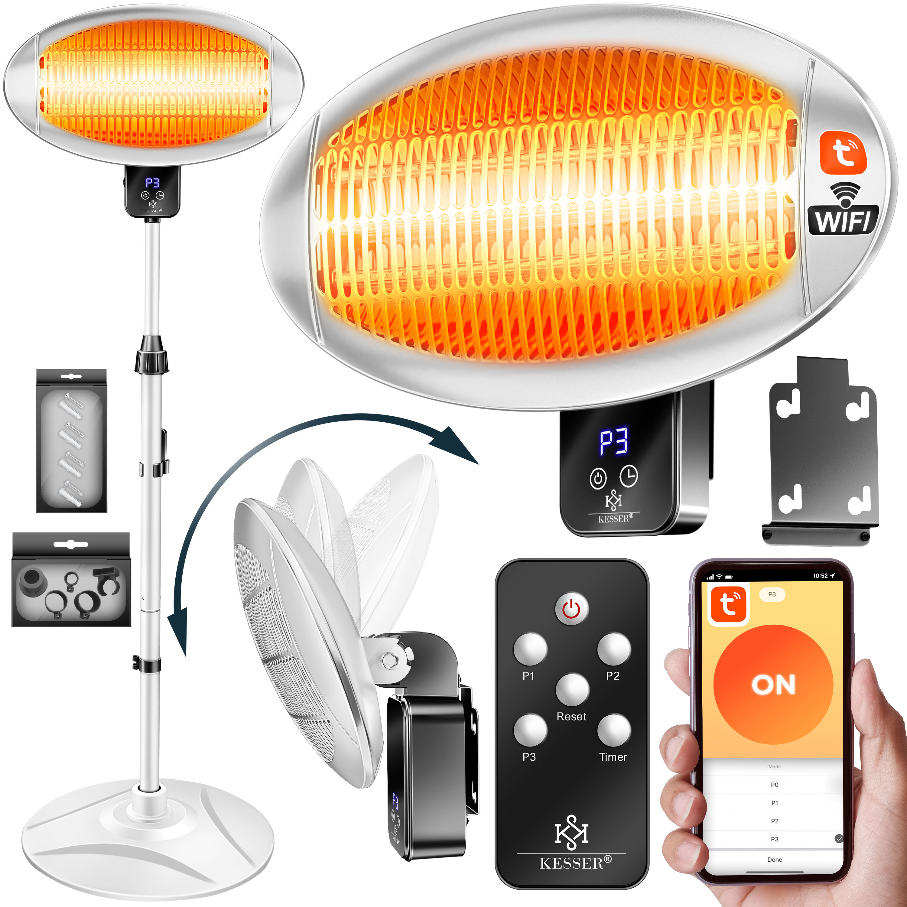 KESSER&reg; Infrarot Heizstrahler 2000W Terrassenstrahler mit WIFI & Fernbedienung 360&deg; drehbar, h&ouml;henverstellbar, Stand- & Wandmontage Kippschutz, IPX4 spritzwassergesch&uuml;tzt W&auml;rmestrahler Balkon & Garten 