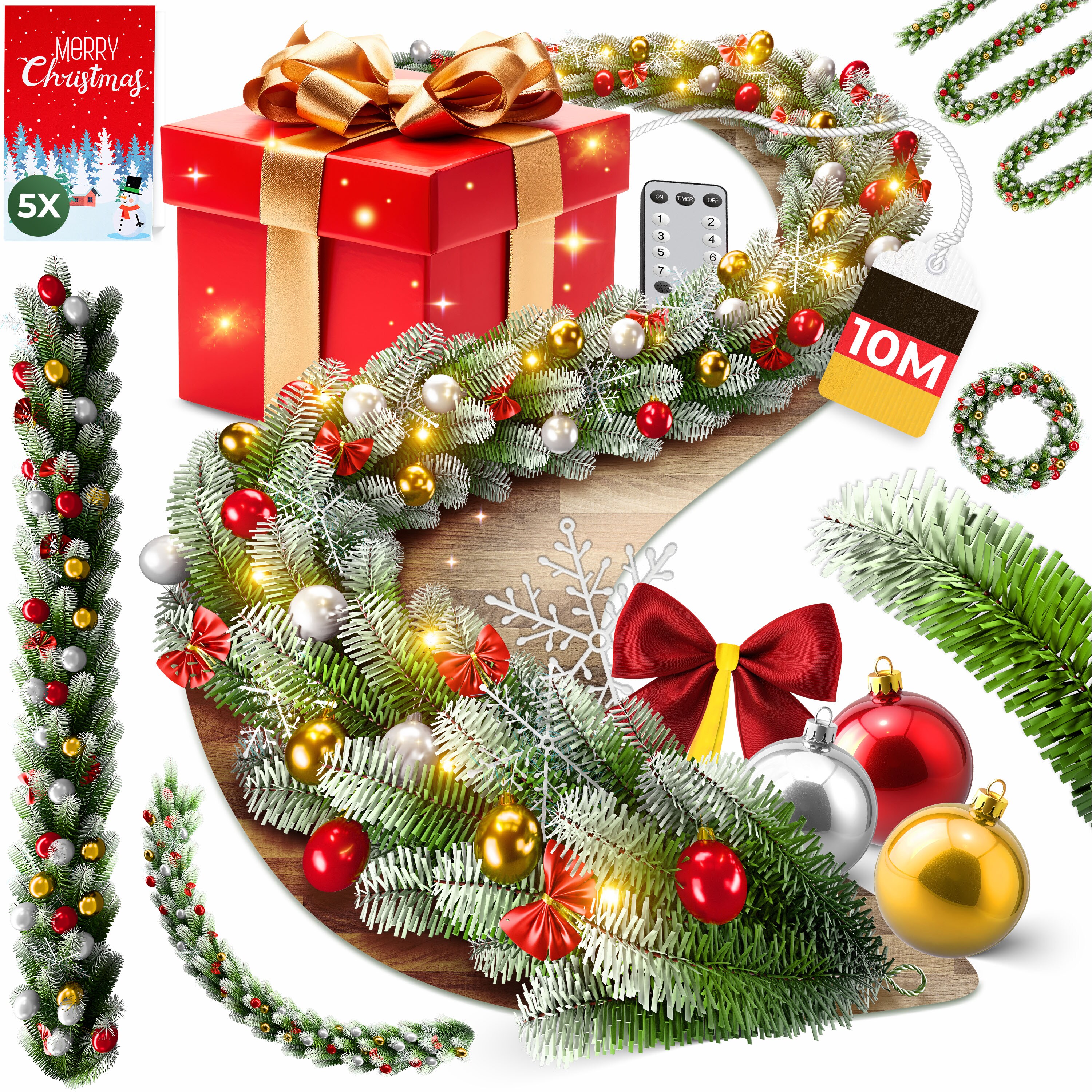 KESSER&reg; Weihnachtsgirlande mit LED &ndash; 5&nbsp;m oder 10&nbsp;m, 100&ndash;200 LEDs, IP44, naturgr&uuml;n, mit Schnee-Effekt je nach Modell, f&uuml;r Outdoor & Indoor, mit Fernbedienung & Weihnachtsdeko je nach Variante 