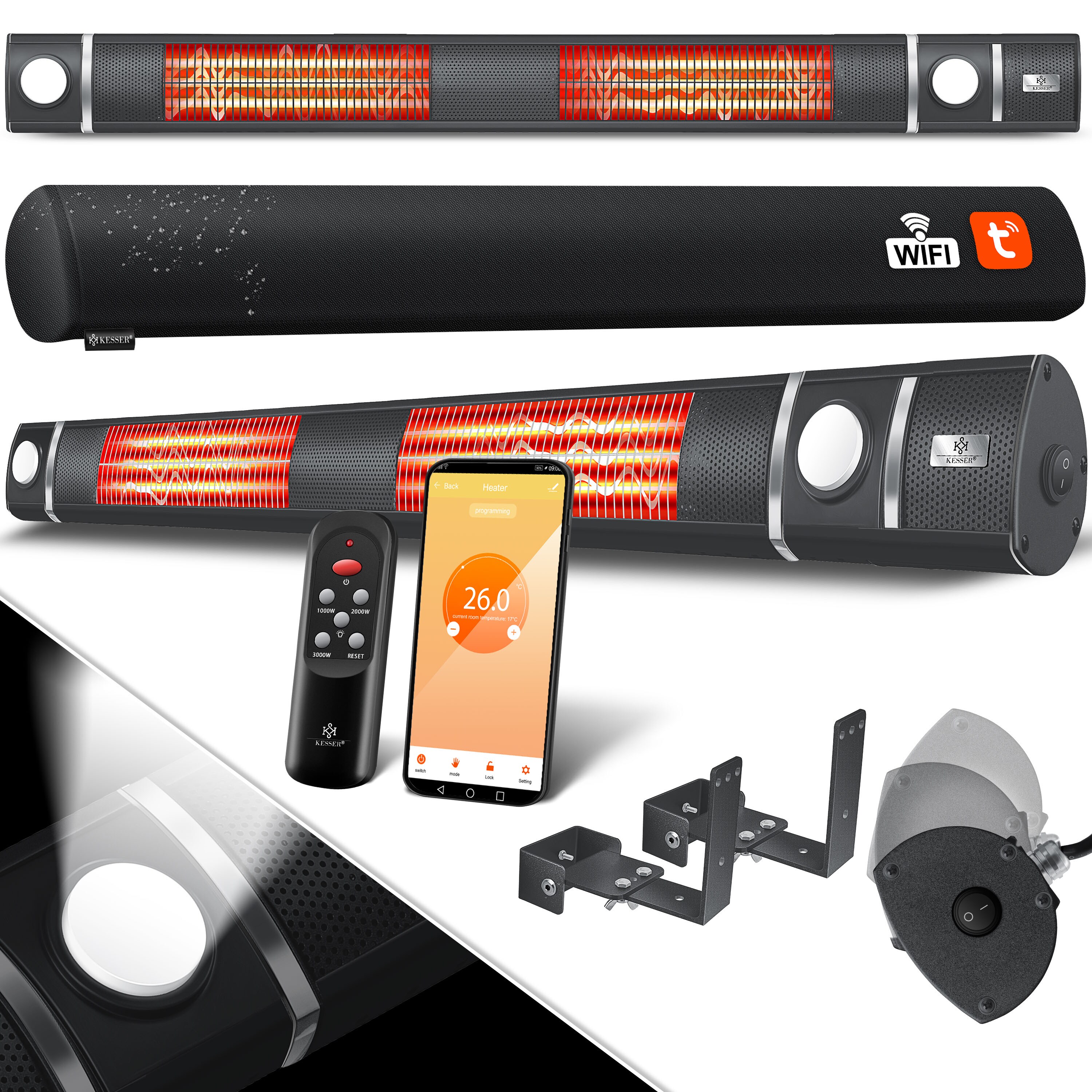 KESSER&reg; Infrarot Heizstrahler 3000W IR-Gastro-Bar Inkl. LED Licht Terrassenstrahler Mit WiFi & Fernbedienung inkl. Schutzh&uuml;lle Infrarotstrahler Quarzstrahler Terrassenheizer Wand-Heizstrahler 