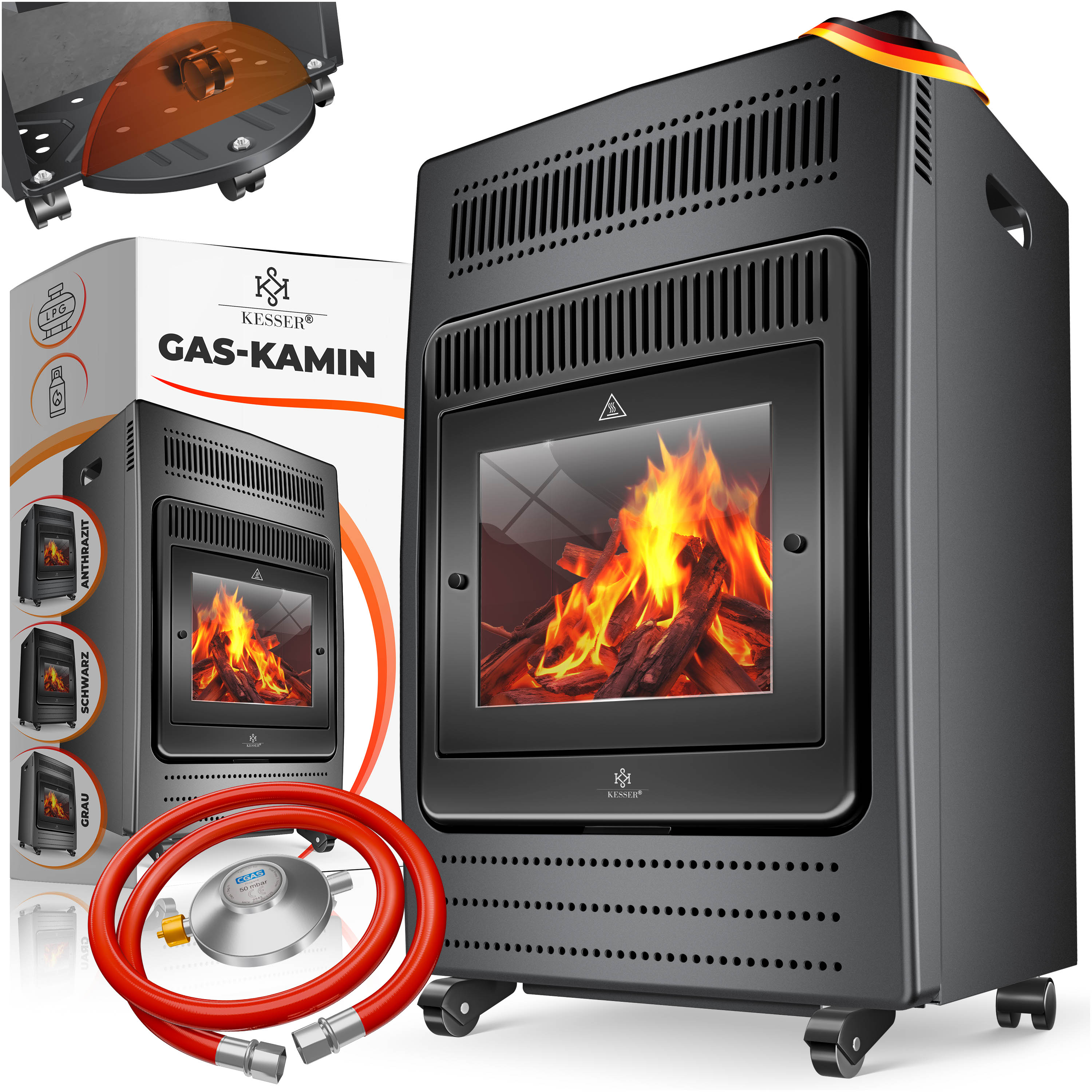 KESSER&reg; Gasheizer Gasheizofen Heizstrahler 3,4 kW Gas Kamin  inkl. Gasdruckregler & Gasschlauch 2 Heizstufen Infrarot  3400W Gasheizstrahler Gasheizung Butan- oder Propangasflaschen bis 11kg Schwarz 