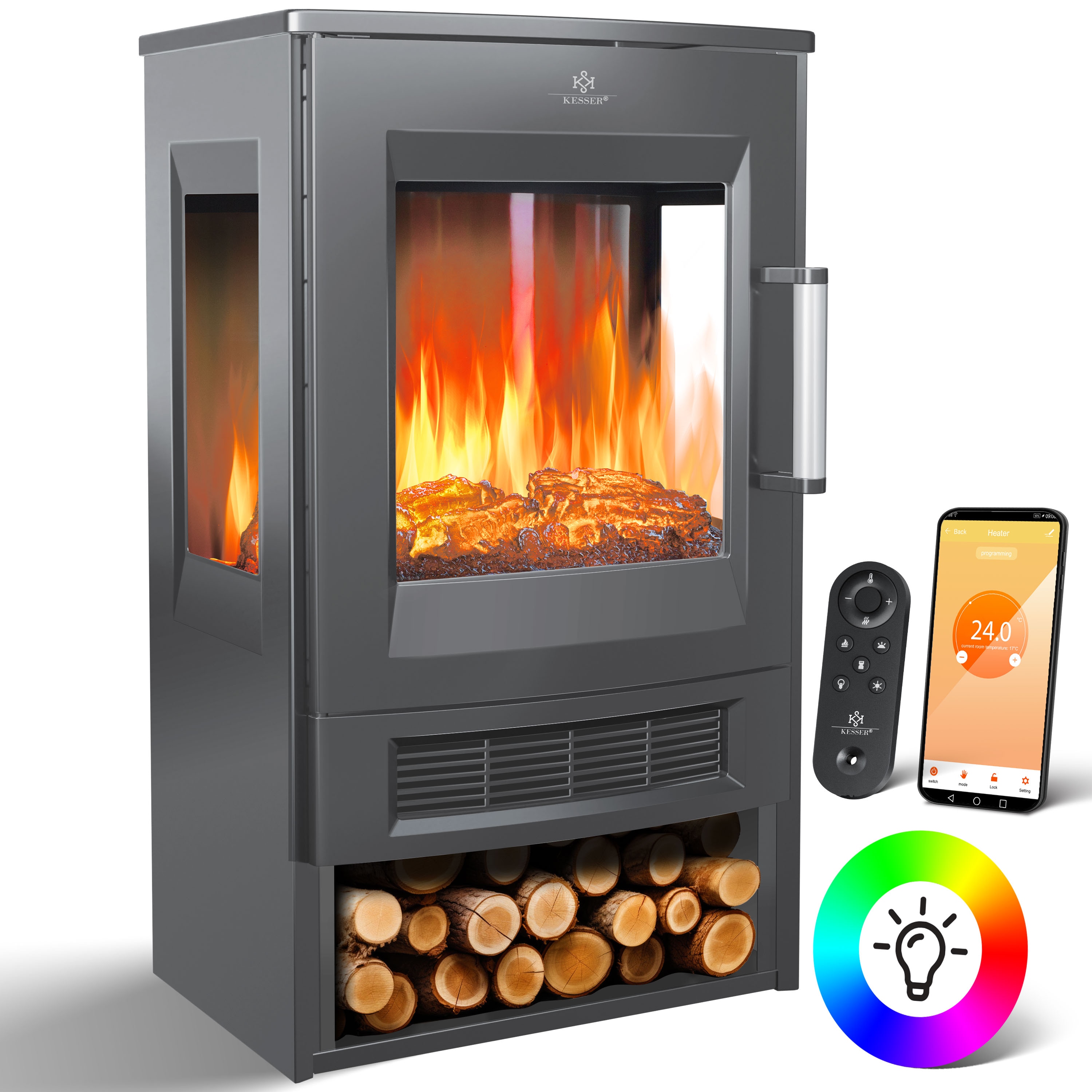 KESSER&reg; Elektrokamin mit Heizung Panorama-Sichtfenster Heizl&uuml;fter 9 LED-Flammeneffekt Farbmodi Fernbedienung WiFi App 900/1800W  Kaminfeuer elektrisch Elektro Kamin mit Thermostat Heizfunktion Timer 