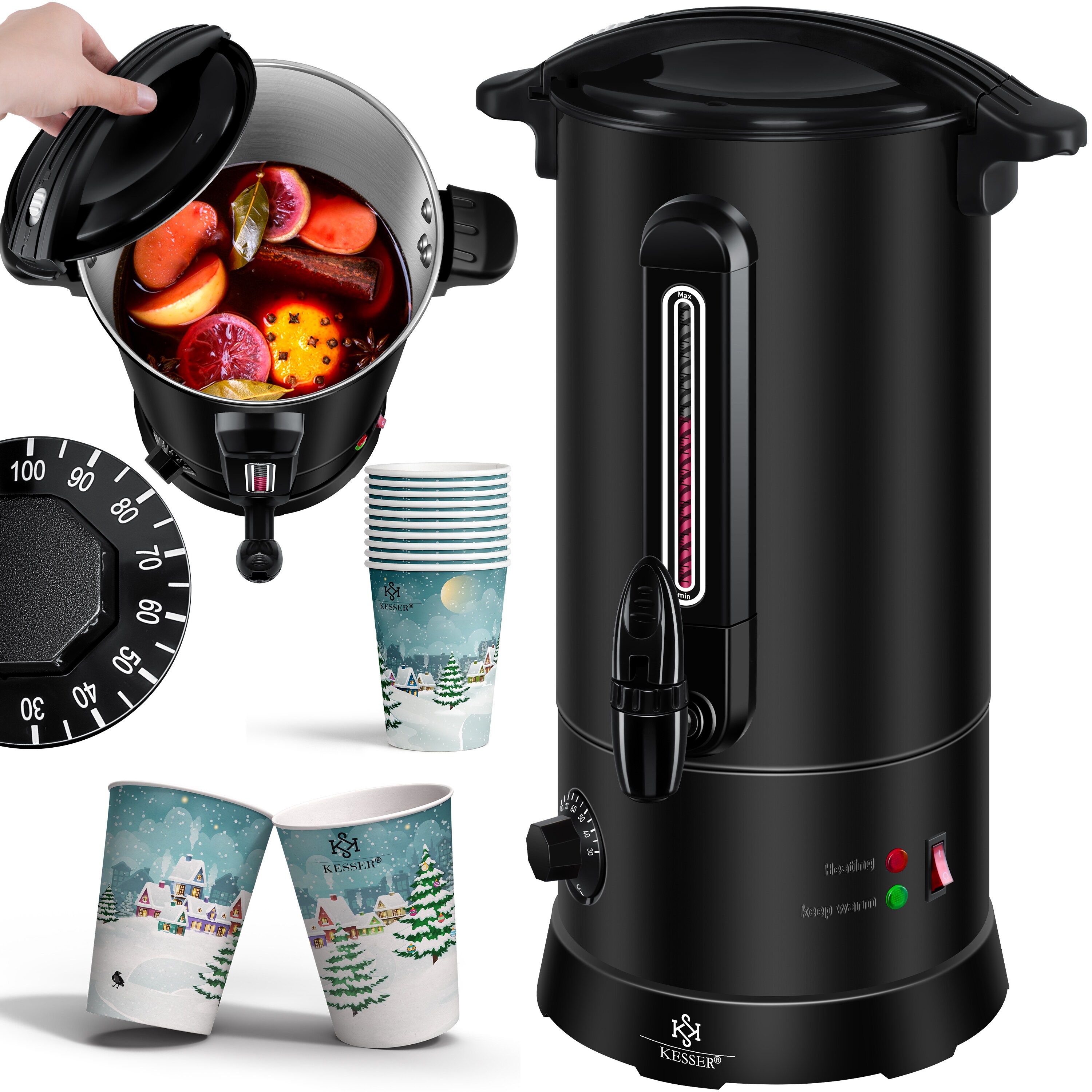 KESSER&reg; Gl&uuml;hweinkessel 10L&nbsp;Edelstahl Inkl. 10x Becher Gl&uuml;hweinkocher mit Thermostat Gl&uuml;hweinautomat Hei&szlig;getr&auml;nkeautomat Wasserkocher Hei&szlig;wasserspender Einkochautomat F&uuml;llstandanzeige Zapfhahn 