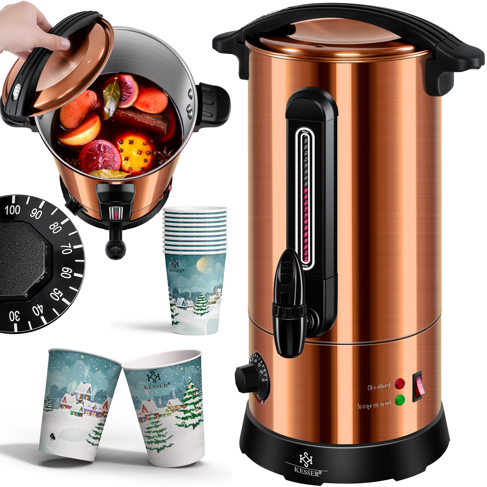 ® Glühweinkessel &nbsp;Edelstahl Inkl. 10x Becher Glühweinkocher mit Thermostat Glühweinautomat Heißgetränkeautomat Wasserkocher Heißwasserspender Einkochautomat Füllstandanzeige Zapfhahn