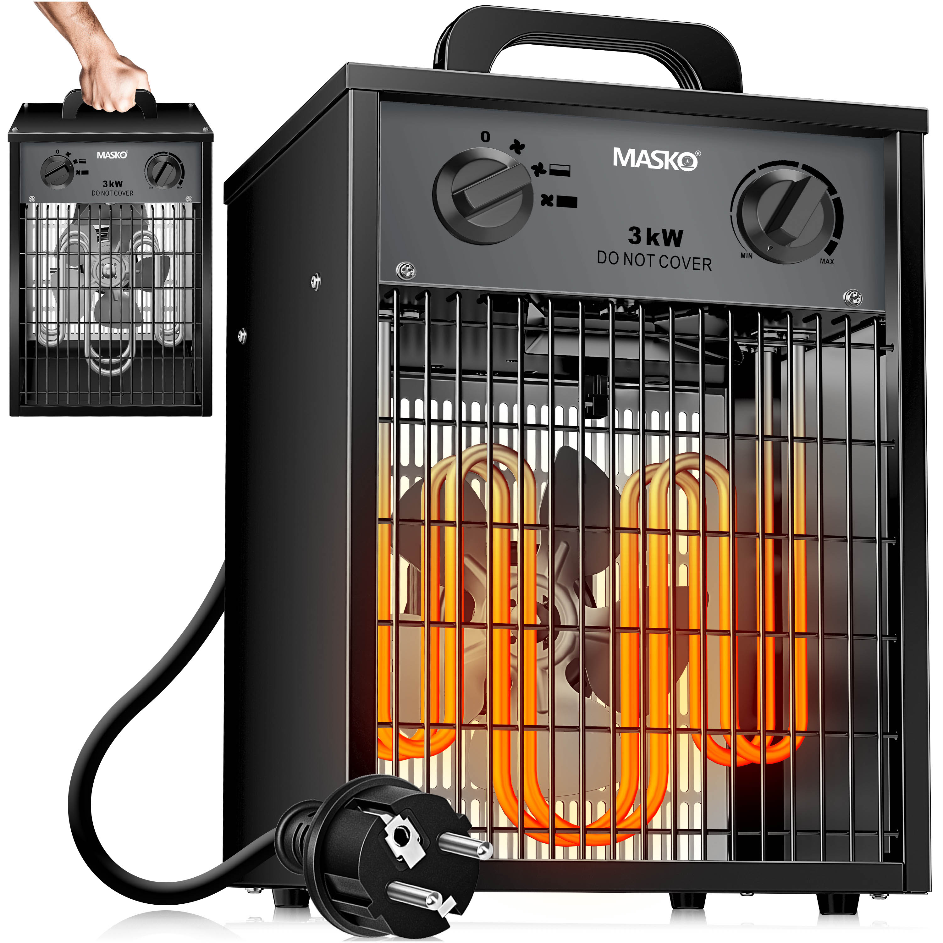 MASKO&reg; Elektroheizer Heizl&uuml;fter Bauheizer mit integriertem Thermostat elektrisch Heizger&auml;t mit 3 Heizstufen Heizgebl&auml;se f&uuml;r Innen- und Au&szlig;eneinsatz &Uuml;berlastschutz Elektroheizgebl&auml;se 