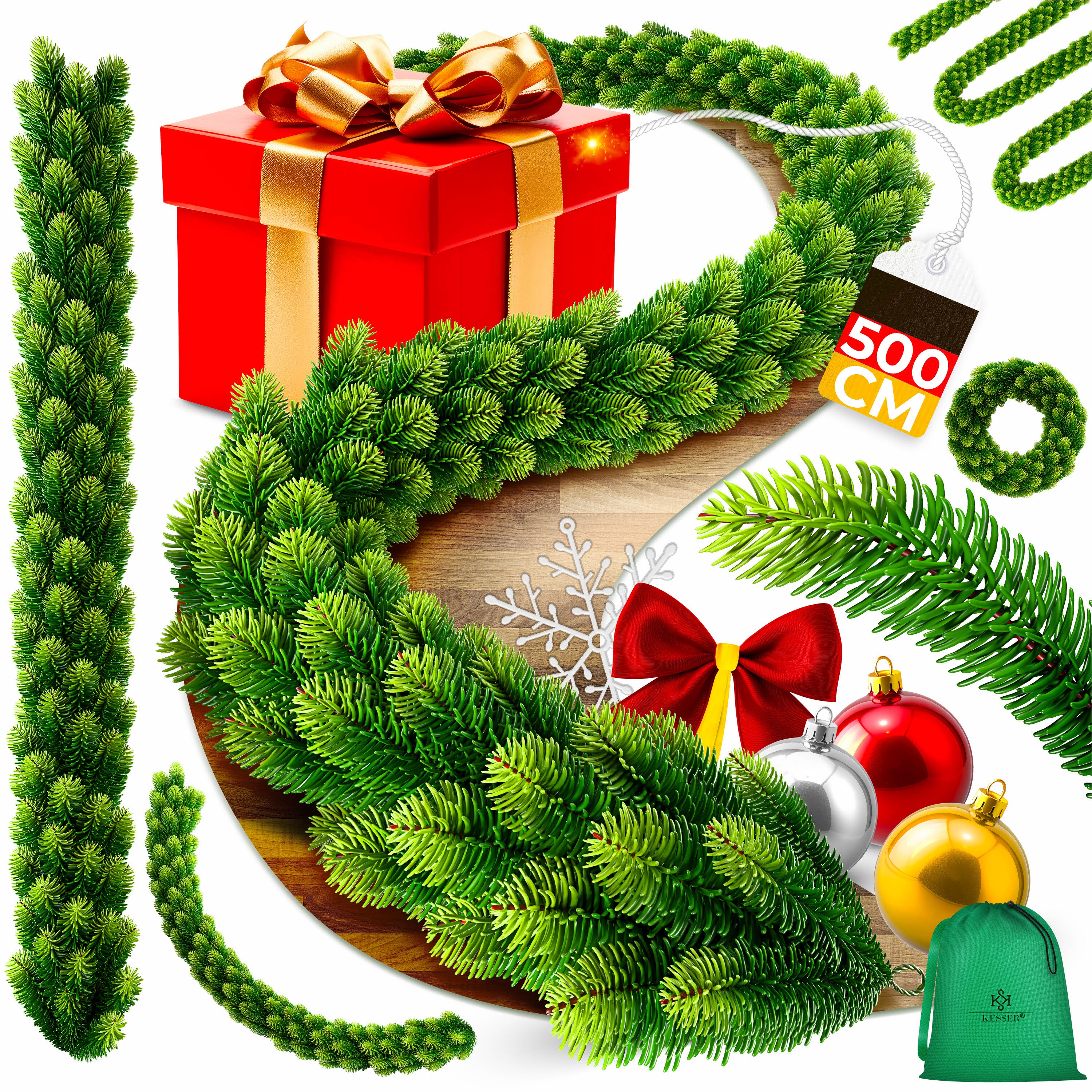 KESSER&reg; Weihnachtsgirlande | Naturgetreues Tannengr&uuml;n - wie echt - IP 44 Outdoor & Indoor Girlande - Treppen, T&uuml;r, Balkon, Weihnachtsdeko + Tasche - Dunkelgr&uuml;n 