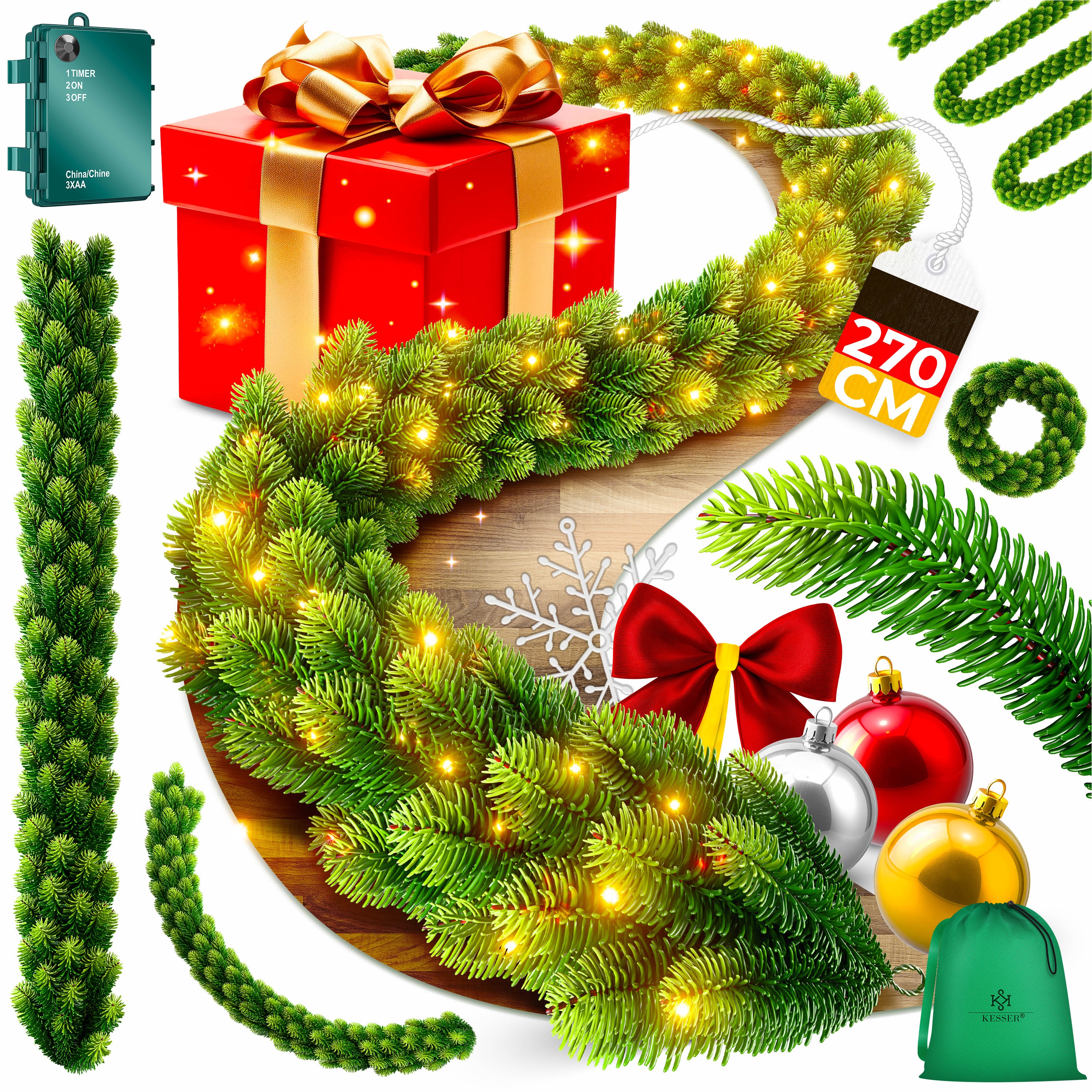 KESSER&reg; Weihnachtsgirlande | Naturgetreues Tannengr&uuml;n - wie echt - IP 44 Outdoor & Indoor Girlande - Treppen, T&uuml;r, Balkon, Weihnachtsdeko + Tasche - Dunkelgr&uuml;n 