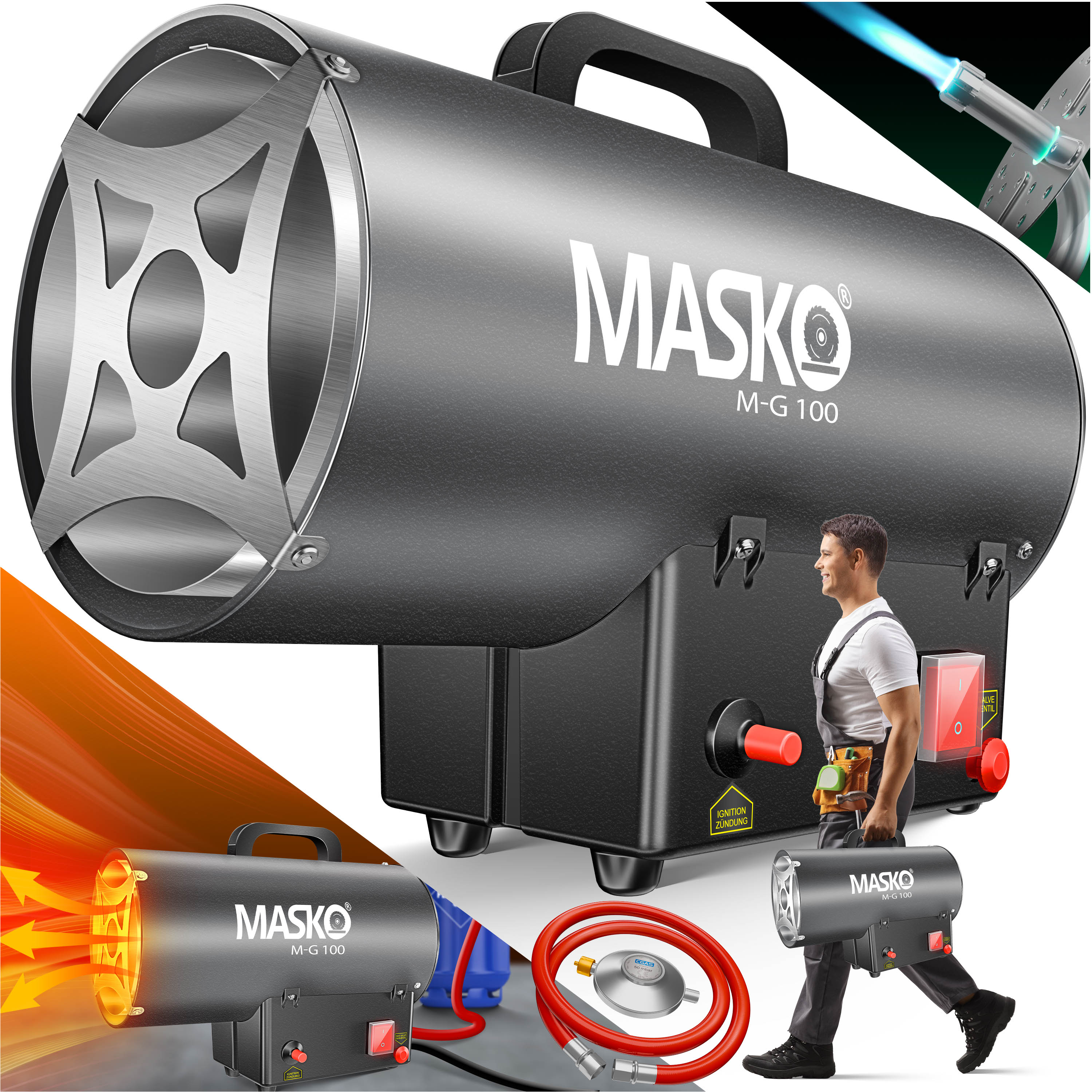 MASKO&reg; Gasheizgebl&auml;se Gasheizer Heizkanone Gasheizstrahler Bauheizer Gas Heizger&auml;t heizstrahler Hei&szlig;luftgenerator inkl. Gasschlauch & Druckminderer Heizgebl&auml;se f&uuml;r handels&uuml;bliche Gasflaschen 