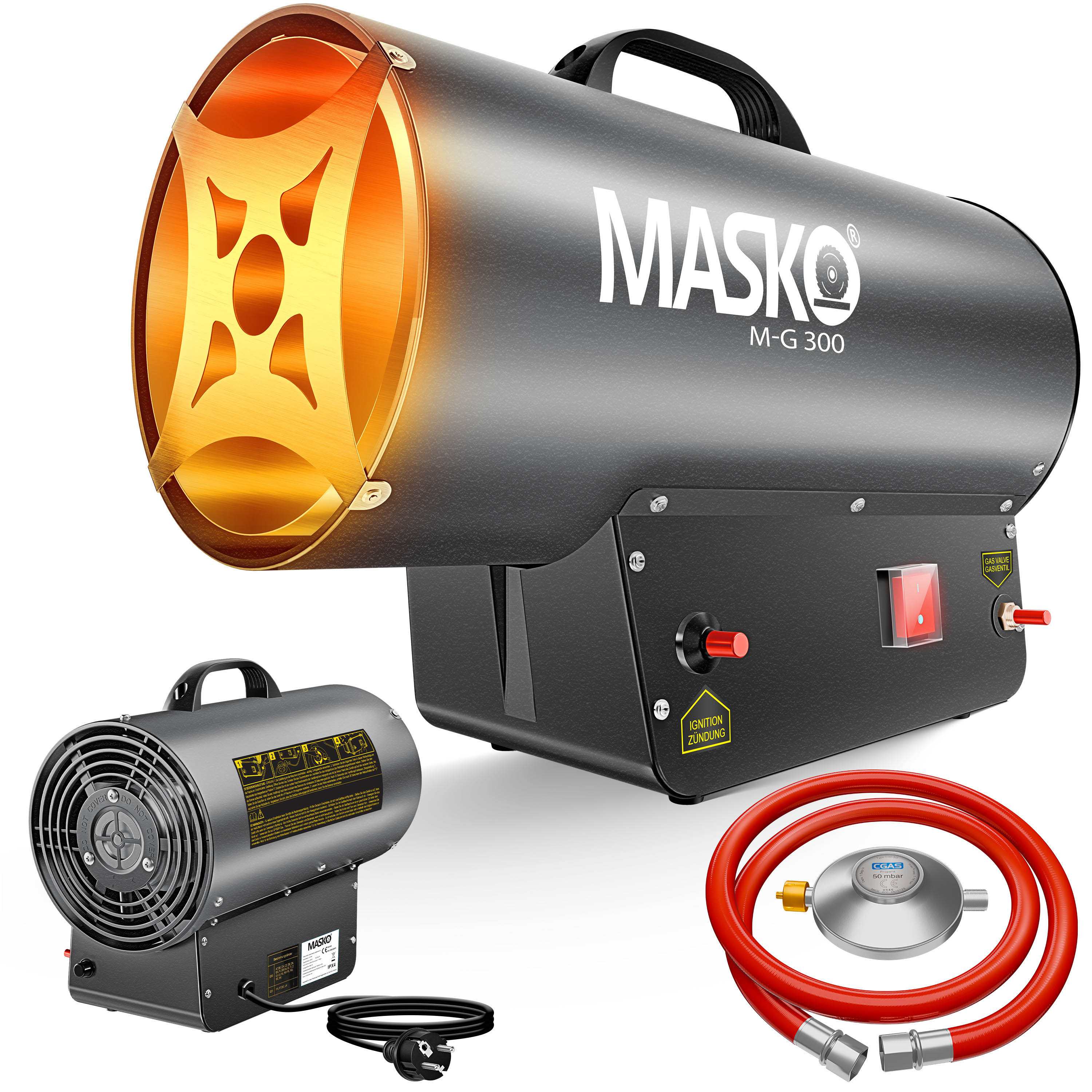 MASKO&reg; Gasheizgebl&auml;se Gasheizer Heizkanone Gasheizstrahler Bauheizer Gas Heizger&auml;t heizstrahler Hei&szlig;luftgenerator inkl. Gasschlauch & Druckminderer Heizgebl&auml;se f&uuml;r handels&uuml;bliche Gasflaschen 