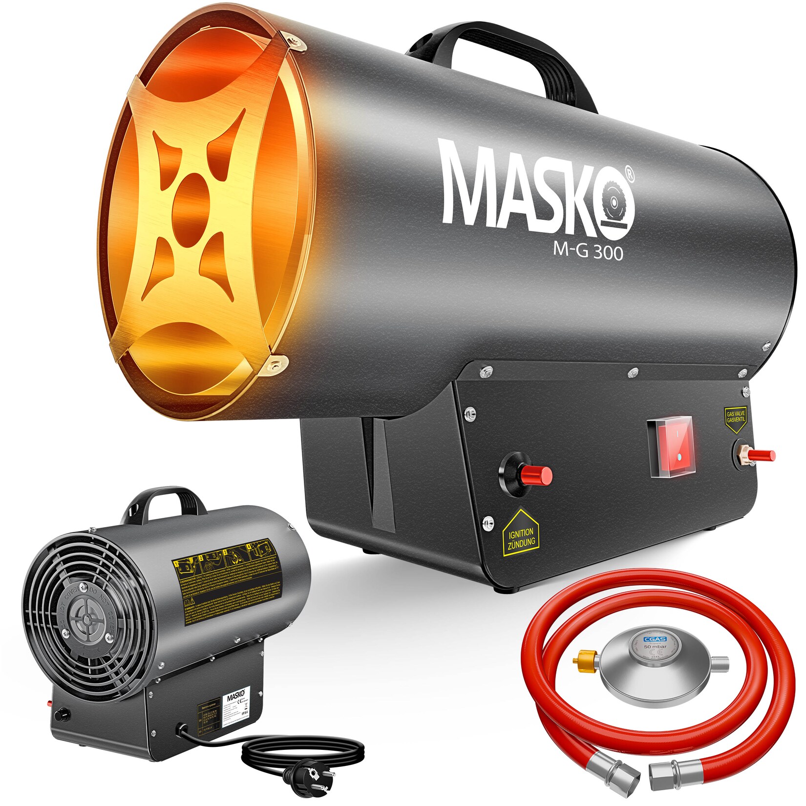 ® Gasheizgebläse Gasheizer Heizkanone Gasheizstrahler Bauheizer Gas Heizgerät heizstrahler Heißluftgenerator inkl. Gasschlauch & Druckminderer Heizgebläse für handelsübliche Gasflaschen