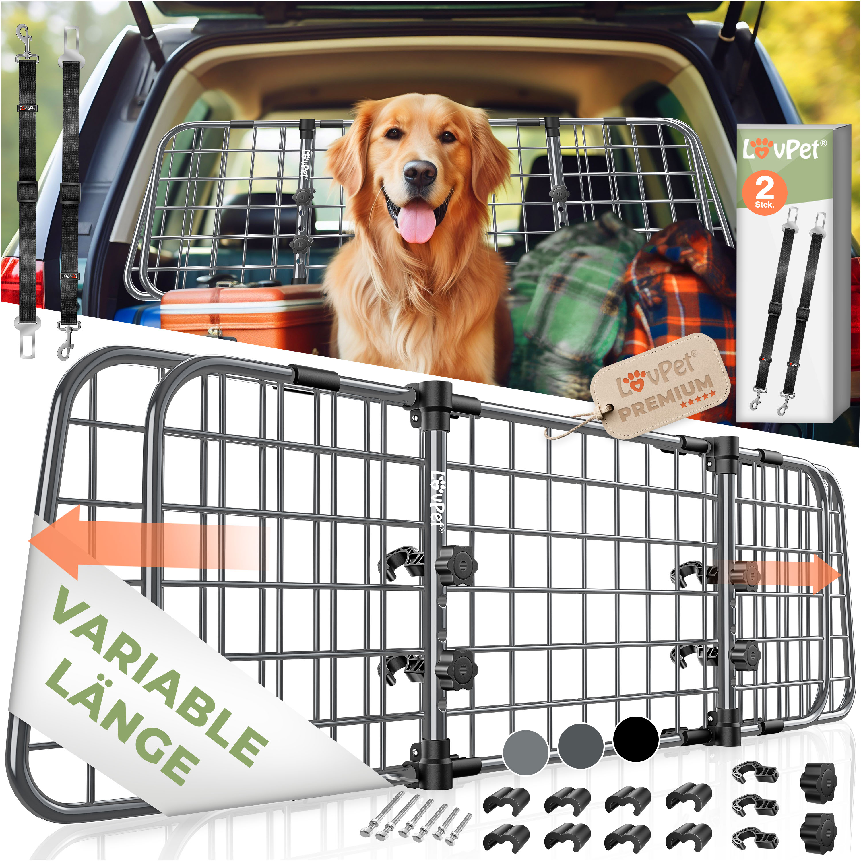 LovPet&reg; Hundegitter Auto, Autoschutzgitter Trenngitter Universal, verstellbare Breite, Kopfst&uuml;tze Kofferraum Autogitter Ma&szlig;e HxB 30 x 91-153 cm Kofferraumgitter,+ 2x Sicherheitsgurt f&uuml;r Hunde 
