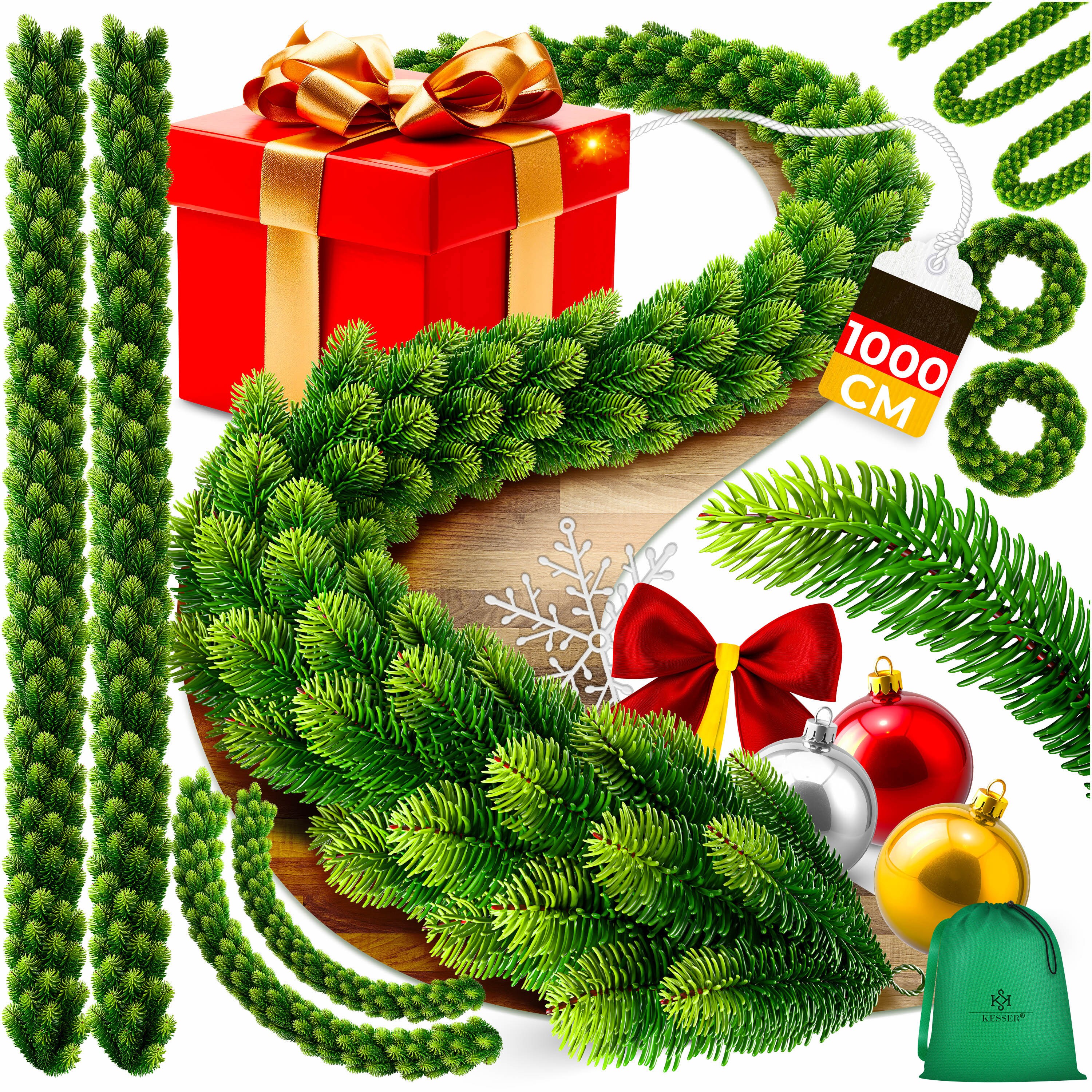 KESSER&reg; Weihnachtsgirlande | Naturgetreues Tannengr&uuml;n - wie echt - IP 44 Outdoor & Indoor Girlande - Treppen, T&uuml;r, Balkon, Weihnachtsdeko + Tasche - Dunkelgr&uuml;n 