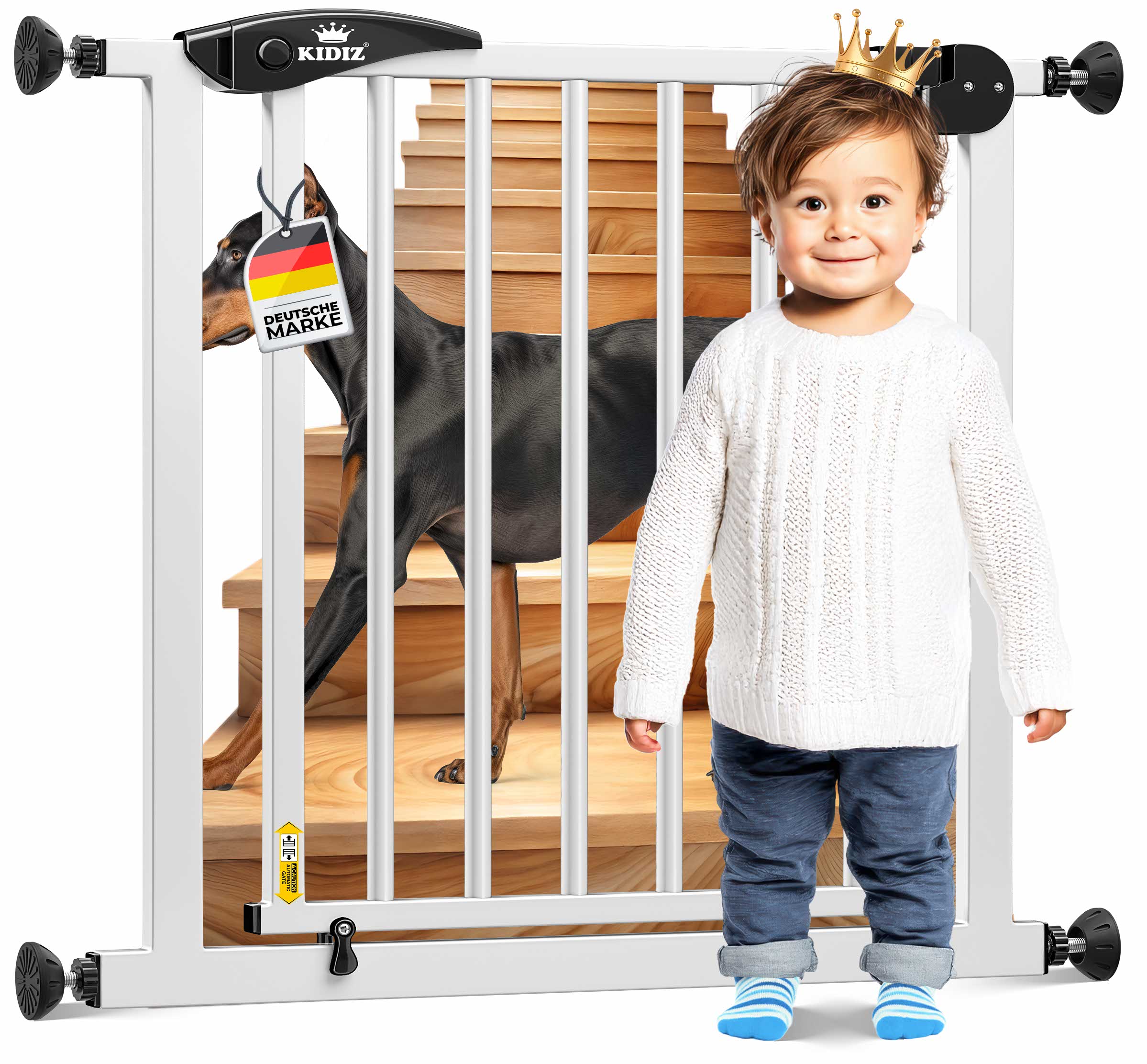 KIDIZ&reg; Schutzgitter f&uuml;r Treppen | T&uuml;r, Auto Close Kindertreppengitter ohne Bohren | 90&deg; Stop, Absperr T&uuml;rschutzgitter, schwenkbare Trennwand, Treppenschutzgitter, Klemmen 