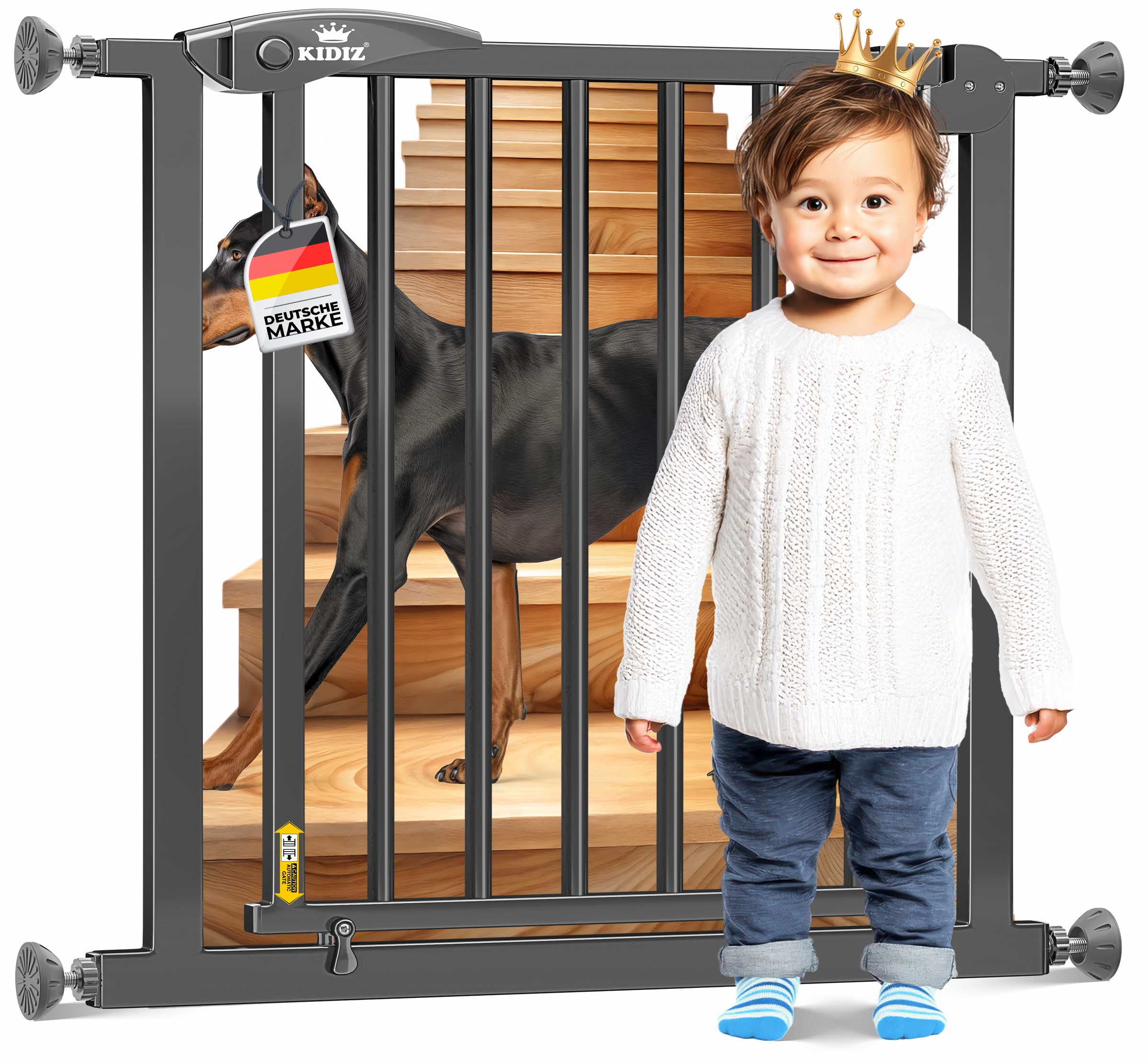 KIDIZ&reg; Schutzgitter f&uuml;r Treppen | T&uuml;r, Auto Close Kindertreppengitter ohne Bohren | 90&deg; Stop, Absperr T&uuml;rschutzgitter, schwenkbare Trennwand, Treppenschutzgitter, Klemmen 