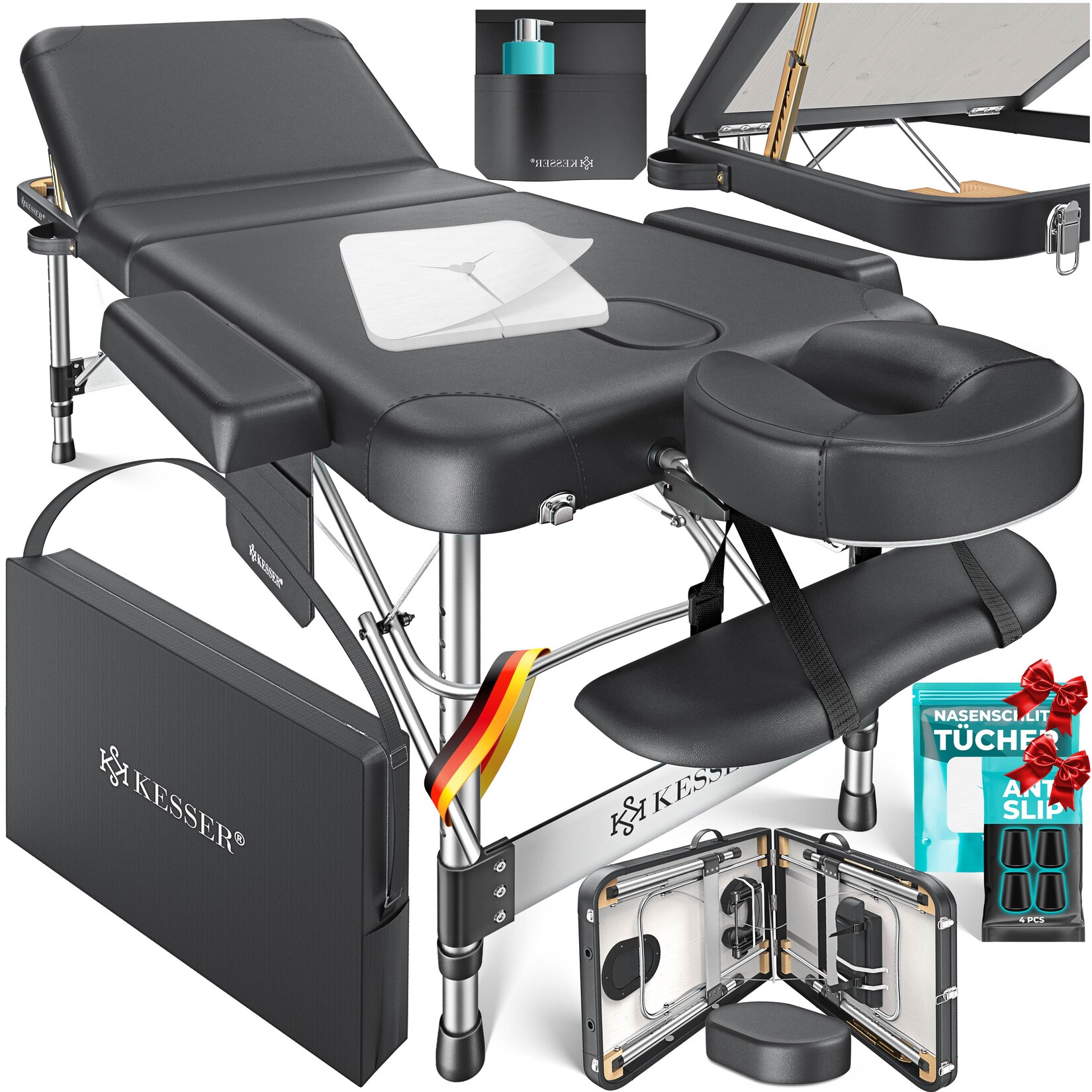 ® Mobile Massageliege klappbar & höhenverstellbar 3 Zonen Massagebett Massagetisch Kosmetikliege Breit Therapieliege Aluminium + 10x Gesichtsauflage mit Kopfstütze Armlehnen & Tasche