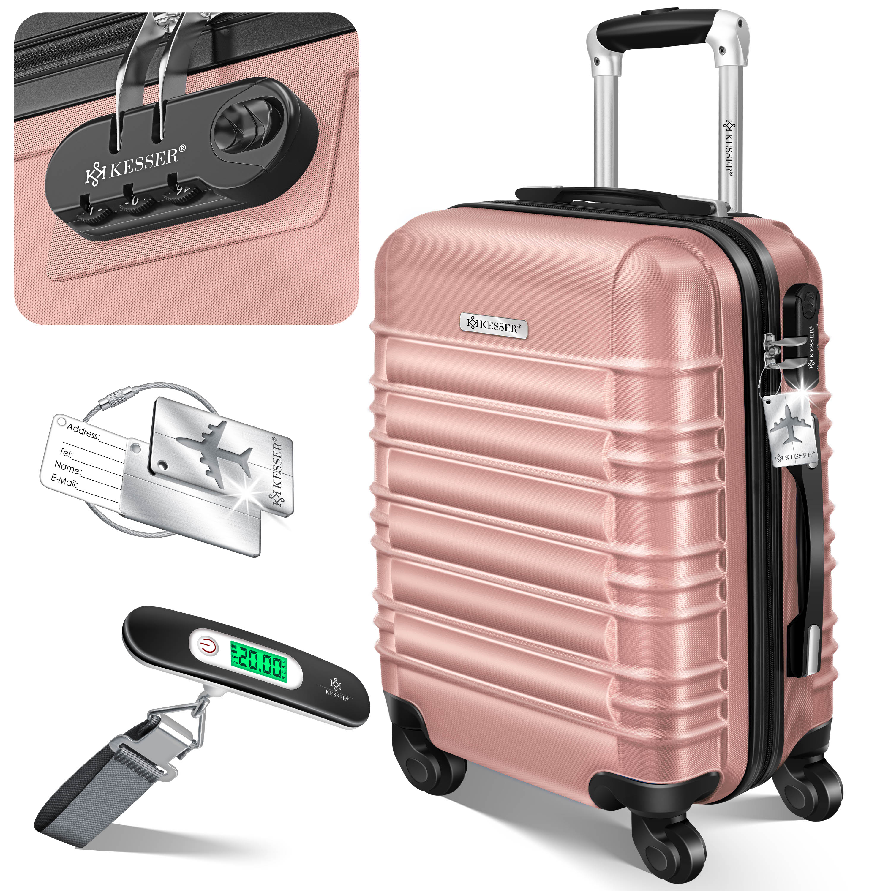 KESSER&reg; Reisekoffer Hartschalen-Koffer Inkl. Kofferwaage + Gep&auml;ckanh&auml;nger Trolley Gep&auml;ck Rollkoffer Zahlenschloss 4 Rollen ABS-Hartschale Teleskopgriff 