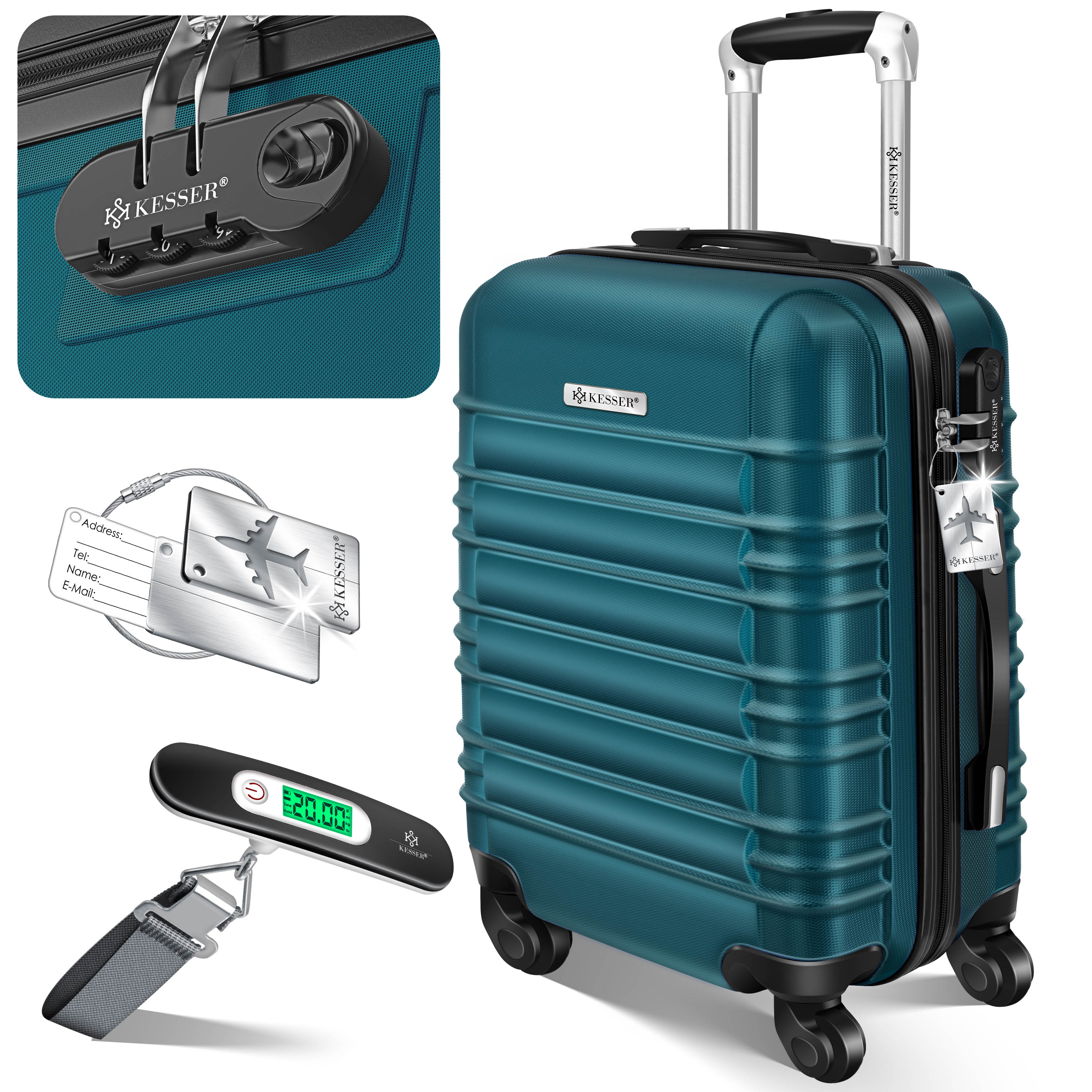 KESSER&reg; Reisekoffer Hartschalen-Koffer Inkl. Kofferwaage + Gep&auml;ckanh&auml;nger Trolley Gep&auml;ck Rollkoffer Zahlenschloss 4 Rollen ABS-Hartschale Teleskopgriff 