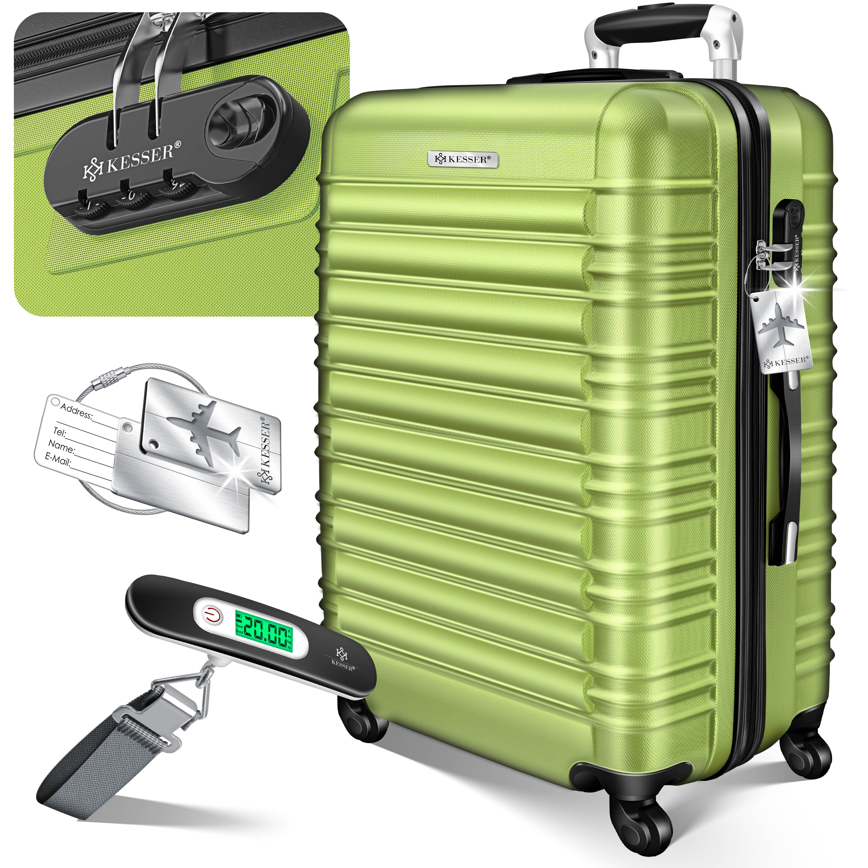 KESSER&reg; Reisekoffer Hartschalen-Koffer Inkl. Kofferwaage + Gep&auml;ckanh&auml;nger Trolley Gep&auml;ck Rollkoffer Zahlenschloss 4 Rollen ABS-Hartschale Teleskopgriff 