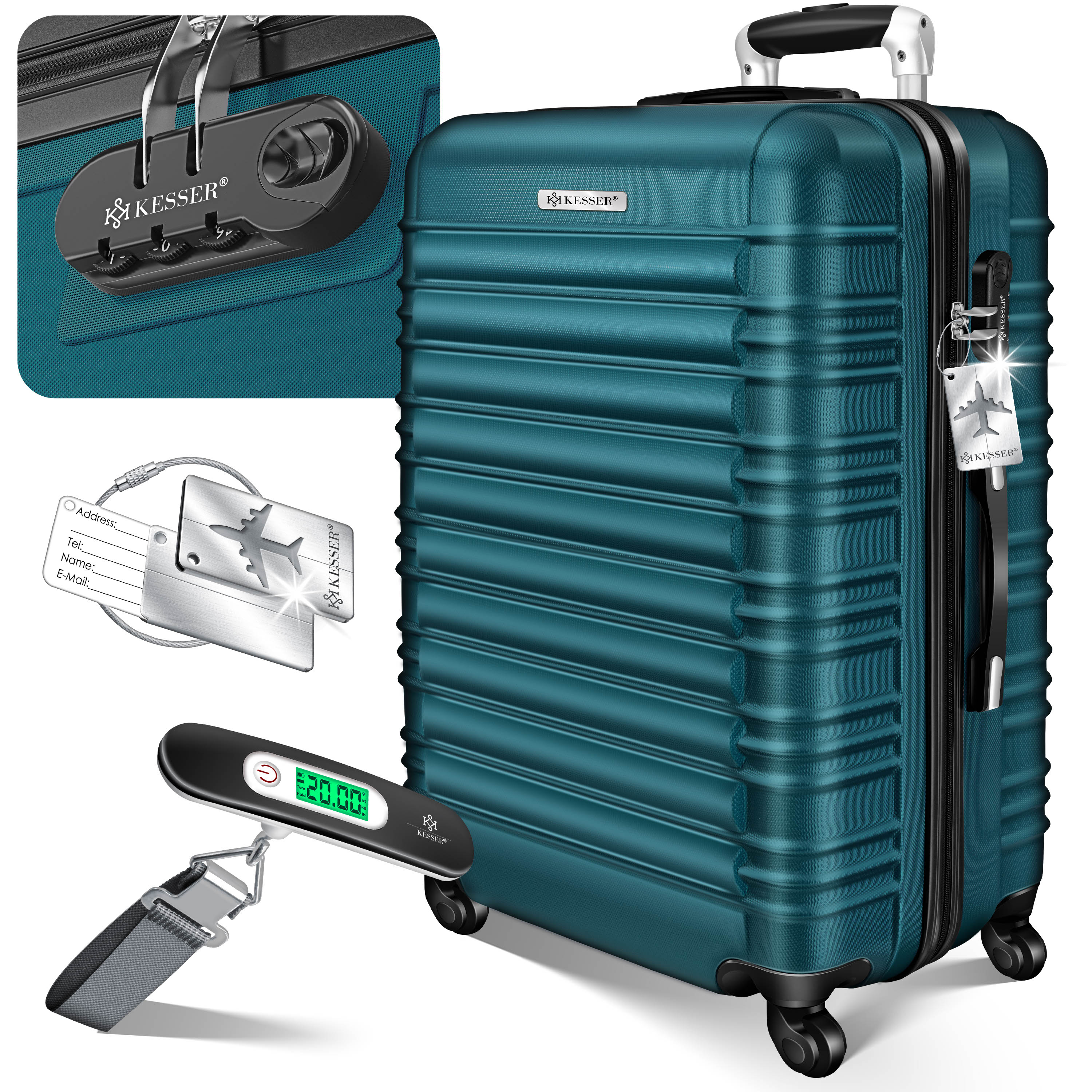 KESSER&reg; Reisekoffer Hartschalen-Koffer Inkl. Kofferwaage + Gep&auml;ckanh&auml;nger Trolley Gep&auml;ck Rollkoffer Zahlenschloss 4 Rollen ABS-Hartschale Teleskopgriff 