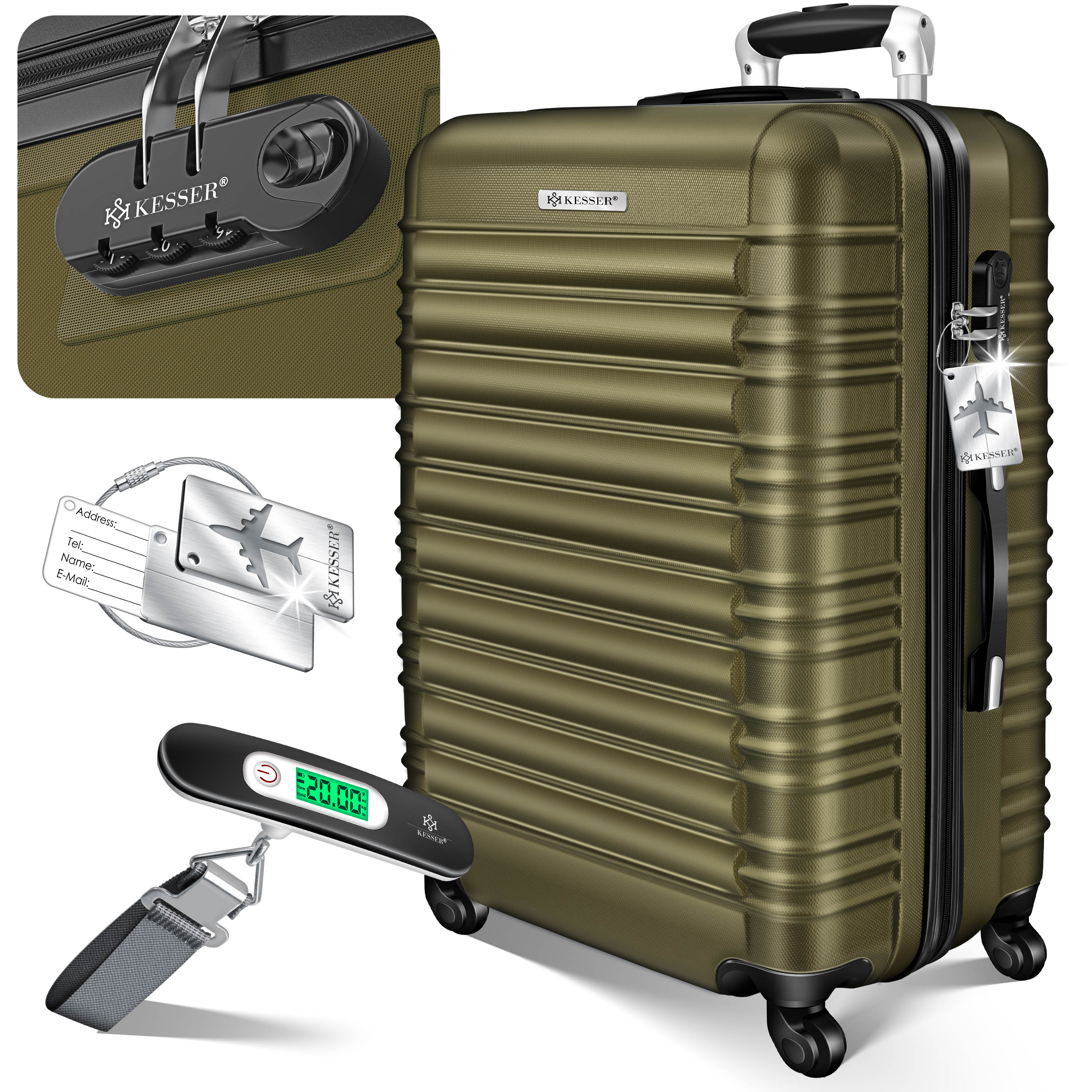 KESSER&reg; Reisekoffer Hartschalen-Koffer Inkl. Kofferwaage + Gep&auml;ckanh&auml;nger Trolley Gep&auml;ck Rollkoffer Zahlenschloss 4 Rollen ABS-Hartschale Teleskopgriff 