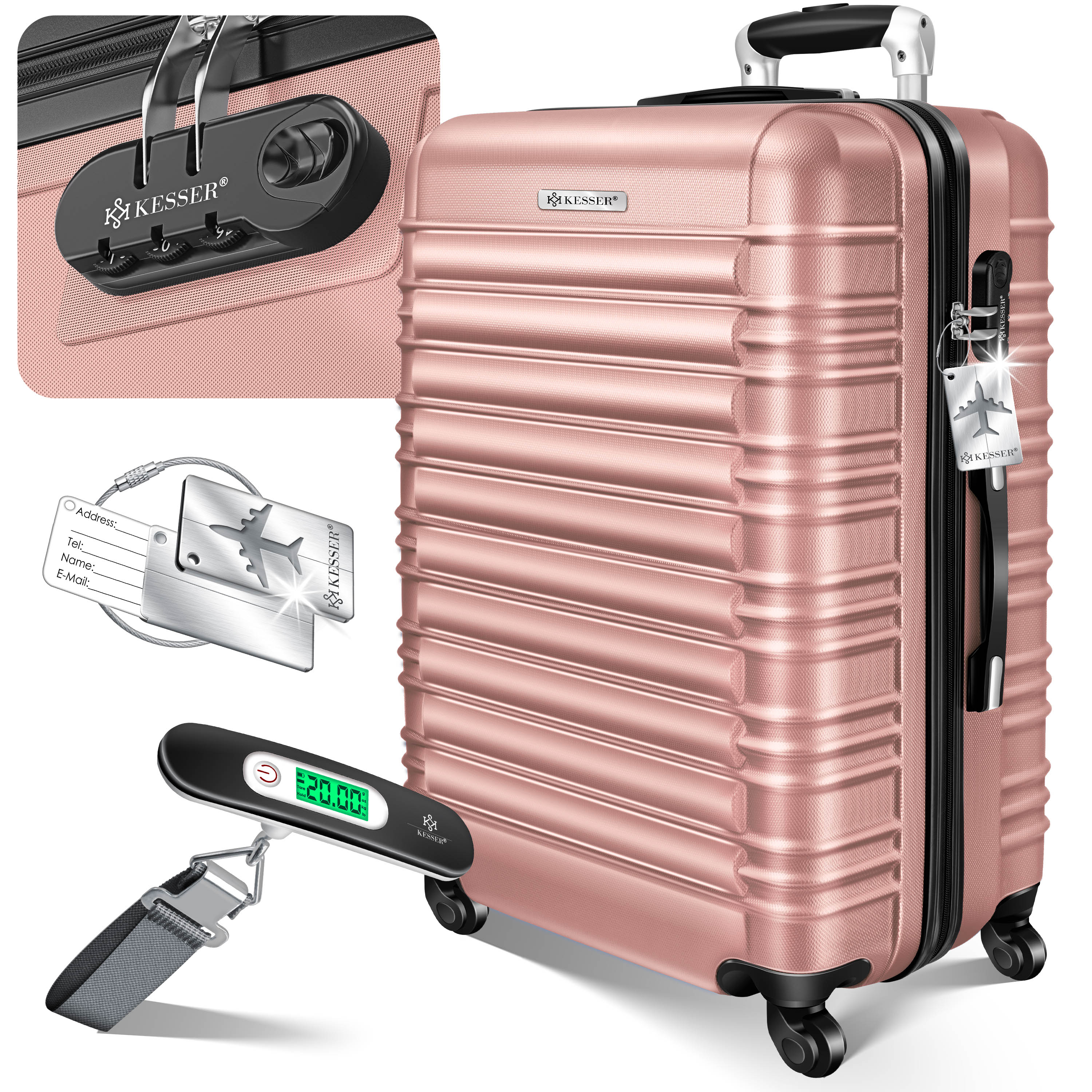 KESSER&reg; Reisekoffer Hartschalen-Koffer Inkl. Kofferwaage + Gep&auml;ckanh&auml;nger Trolley Gep&auml;ck Rollkoffer Zahlenschloss 4 Rollen ABS-Hartschale Teleskopgriff 