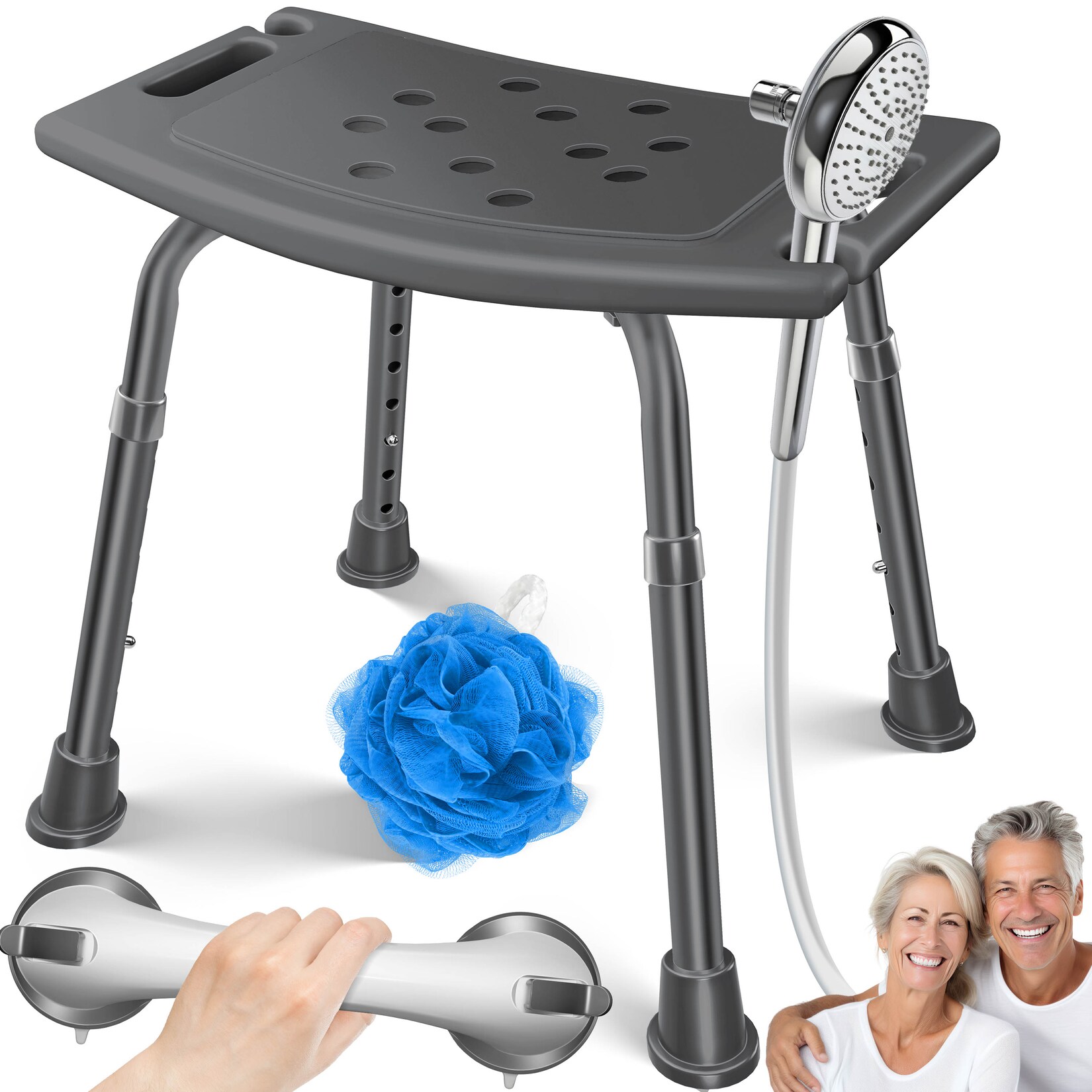 ® Duschhocker höhenverstellbar   Leichter Badhocker rutschfeste Gummifüße Duschstuhl  belastbar   Duschhilfe Senioren   Saugnapf Haltegriff Badewannengriff   Duschsitz mit Brausehalterung