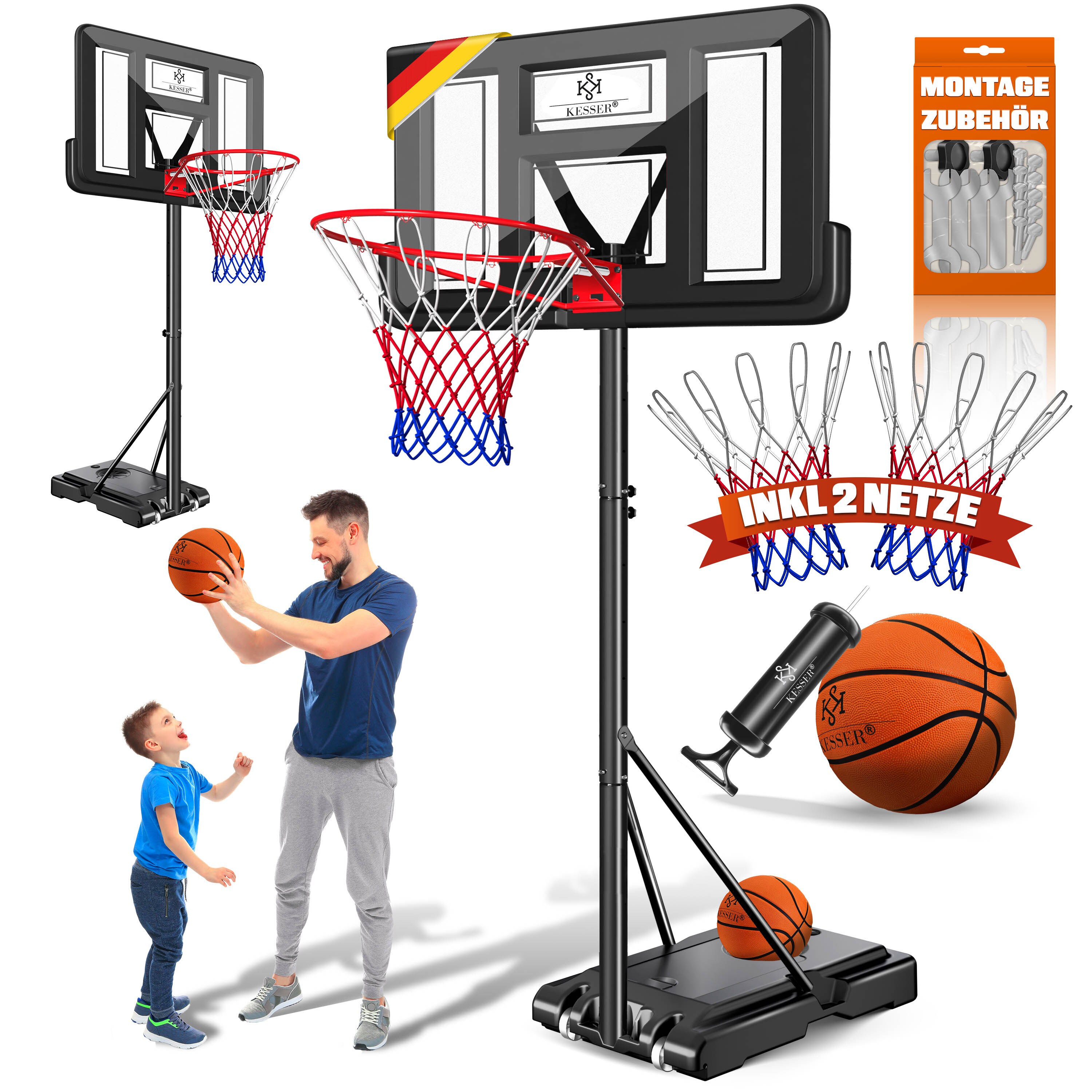 KESSER&reg; Basketballkorb Set h&ouml;henverstellbar 160-210cm Mobiler Basketballst&auml;nder mit Rollen, Backboard, Basketball, Pumpe & 2 Netzen - Indoor & Outdoor Basketballanlage f&uuml;r Kinder & Erwachsene 