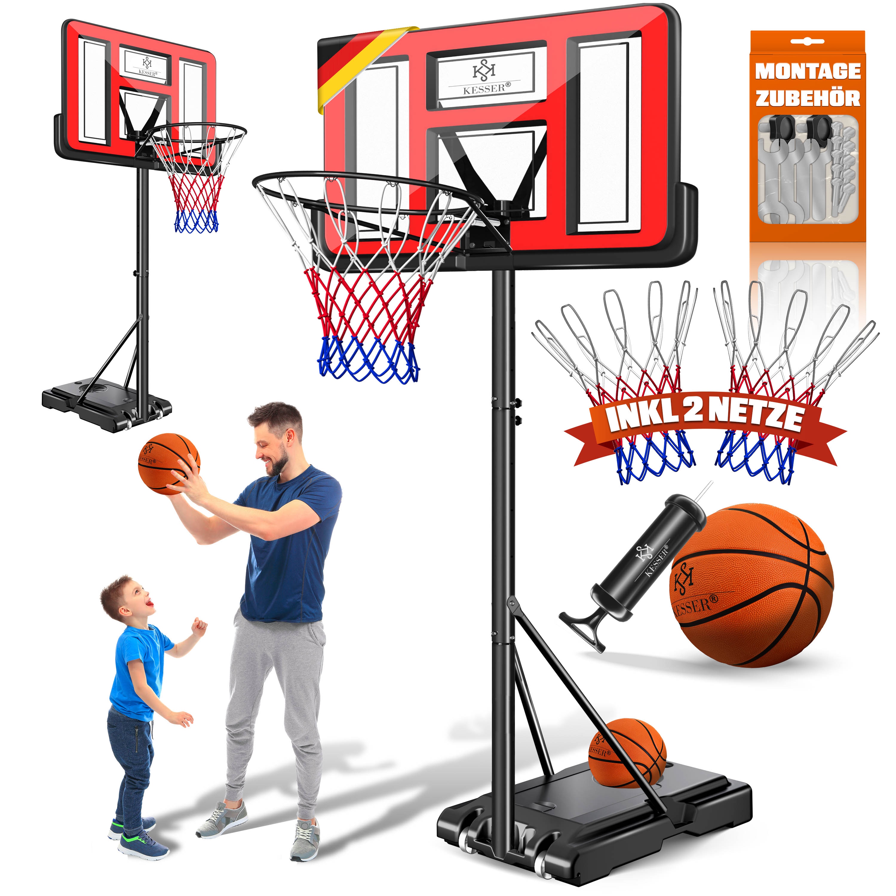 KESSER&reg; Basketballkorb Set h&ouml;henverstellbar 160-210cm Mobiler Basketballst&auml;nder mit Rollen, Backboard, Basketball, Pumpe & 2 Netzen - Indoor & Outdoor Basketballanlage f&uuml;r Kinder & Erwachsene 