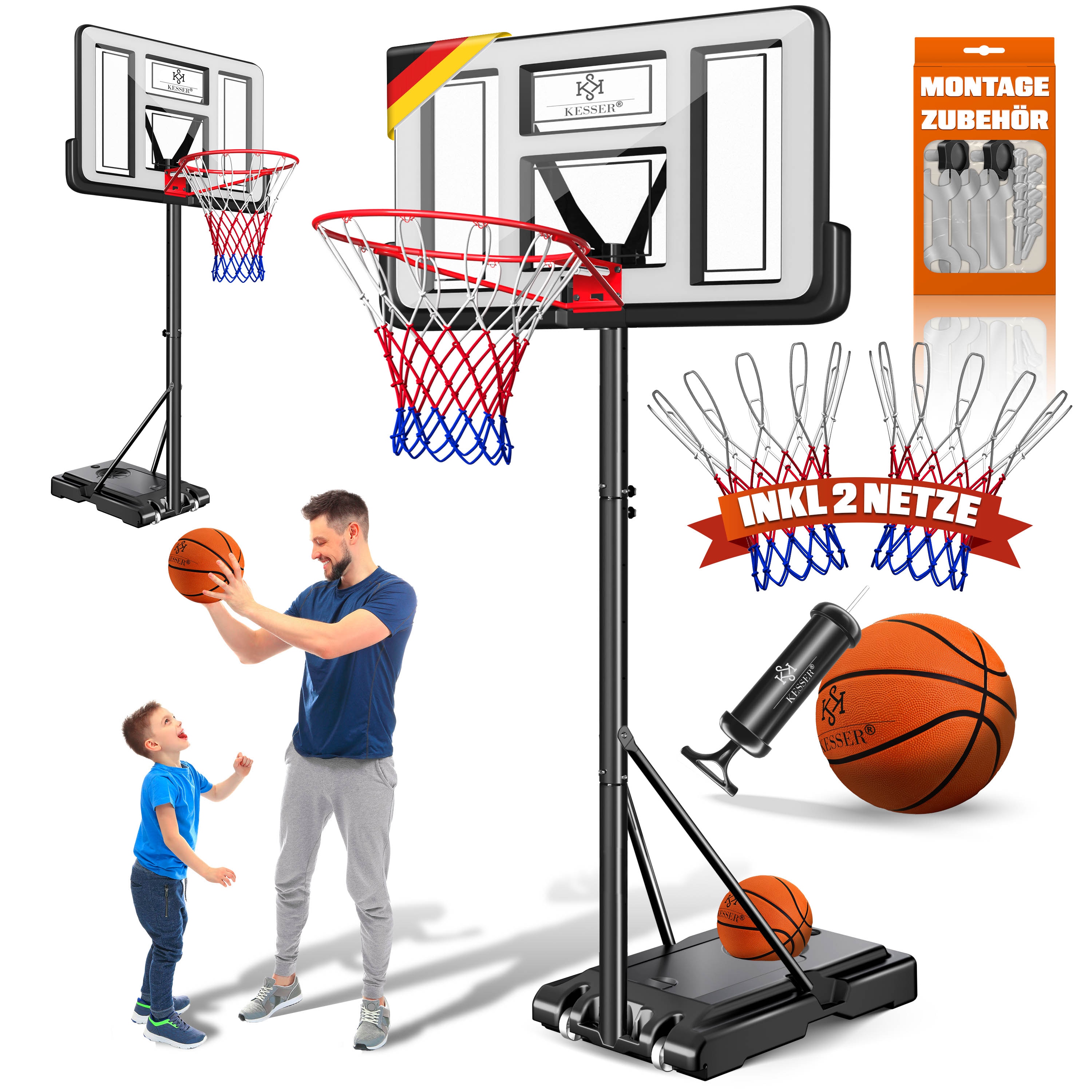 KESSER&reg; Basketballkorb Set h&ouml;henverstellbar 160-210cm Mobiler Basketballst&auml;nder mit Rollen, Backboard, Basketball, Pumpe & 2 Netzen - Indoor & Outdoor Basketballanlage f&uuml;r Kinder & Erwachsene 