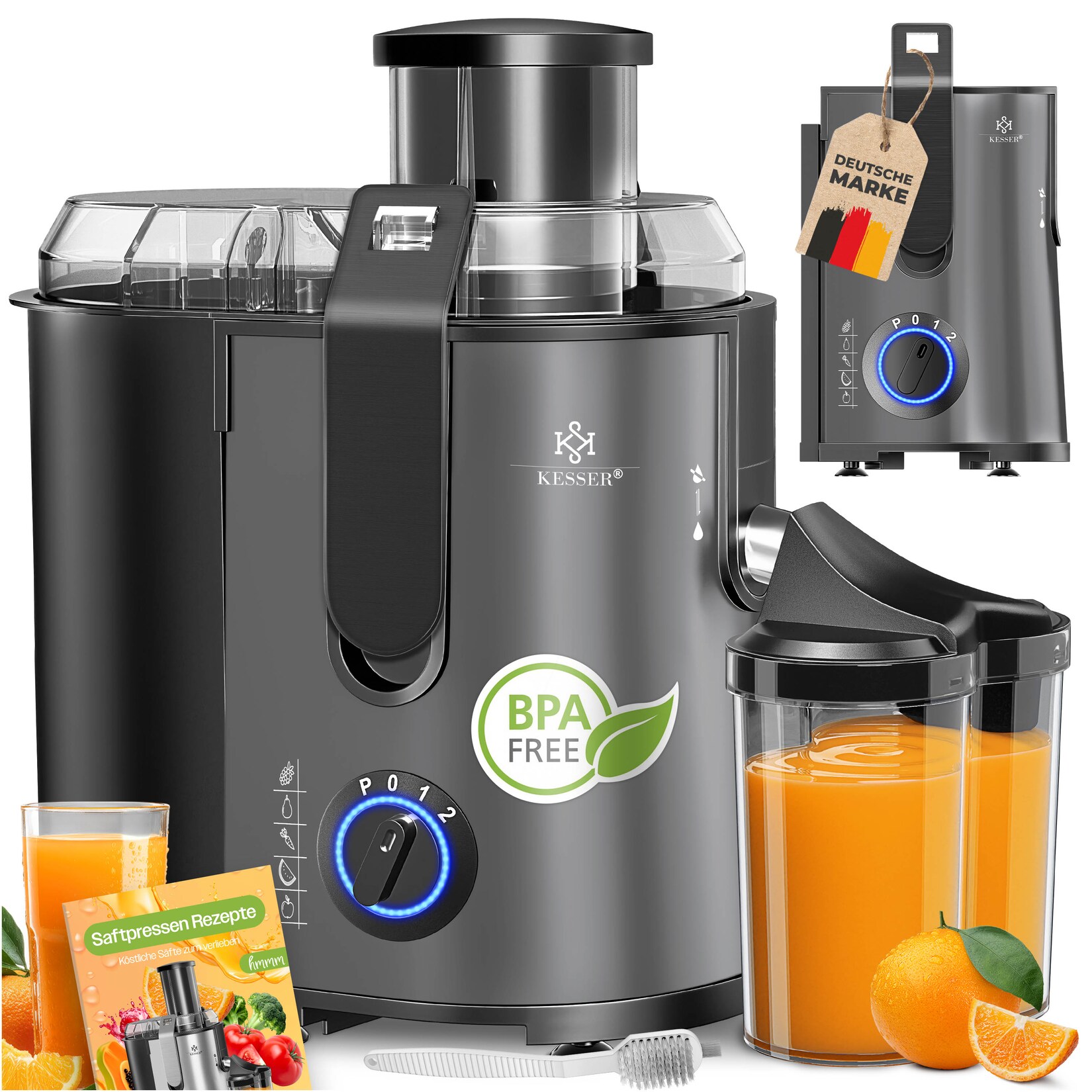 ® Entsafter für Obst und Gemüse aus Edelstahl 1100W große 85 mm Einfüllöffnung inkl. Reinigungsbürste und Saftbehälter 3 Geschwindigkeitsstufen, Saftpresse Juicer