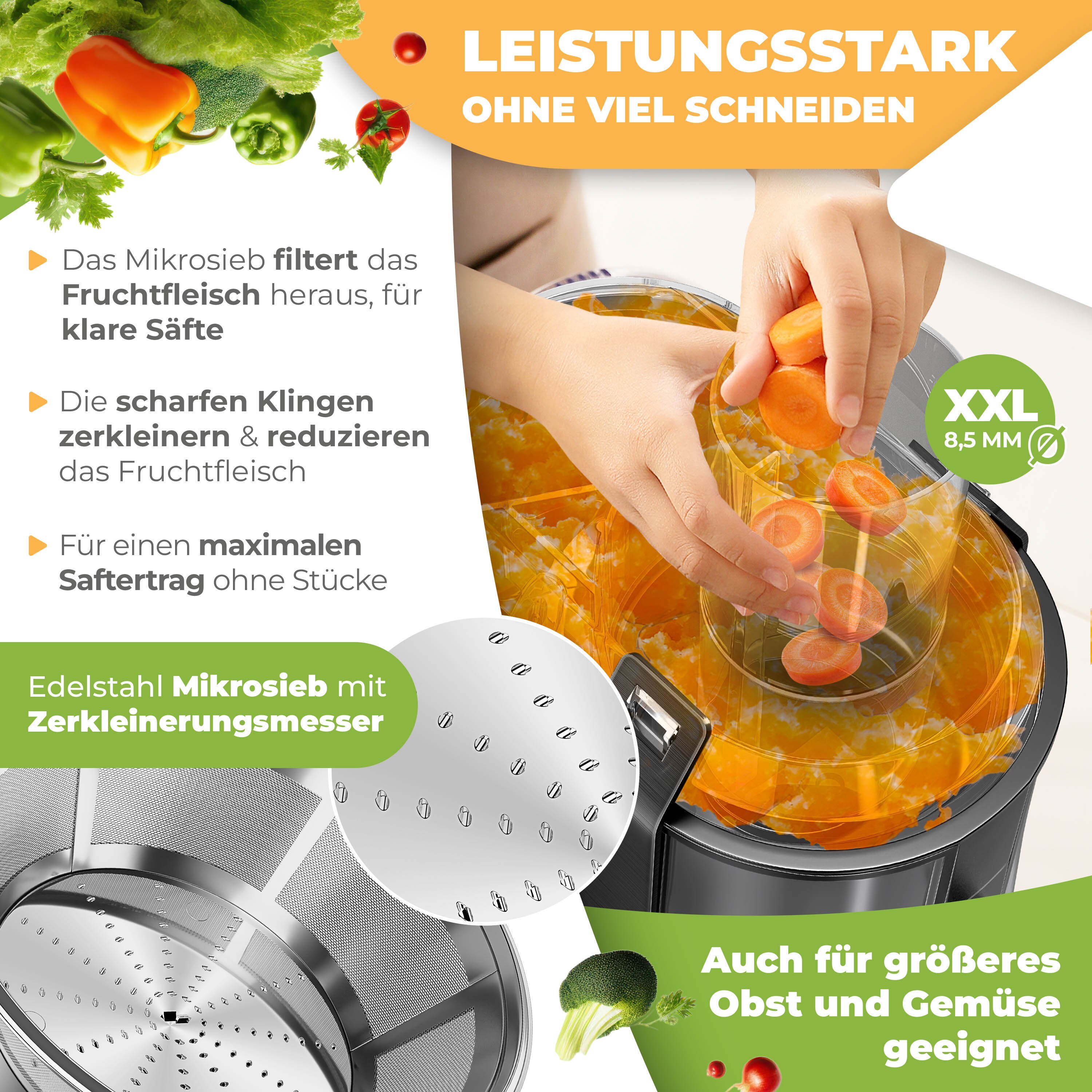 KESSER® Entsafter für Obst und Gemüse aus Edelstahl 1100W große 85 mm Einfüllöffnung inkl. Reinigungsbürste und Saftbehälter 3 Geschwindigkeitsstufen, Saftpresse Juicer bei Marktkauf online bestellen