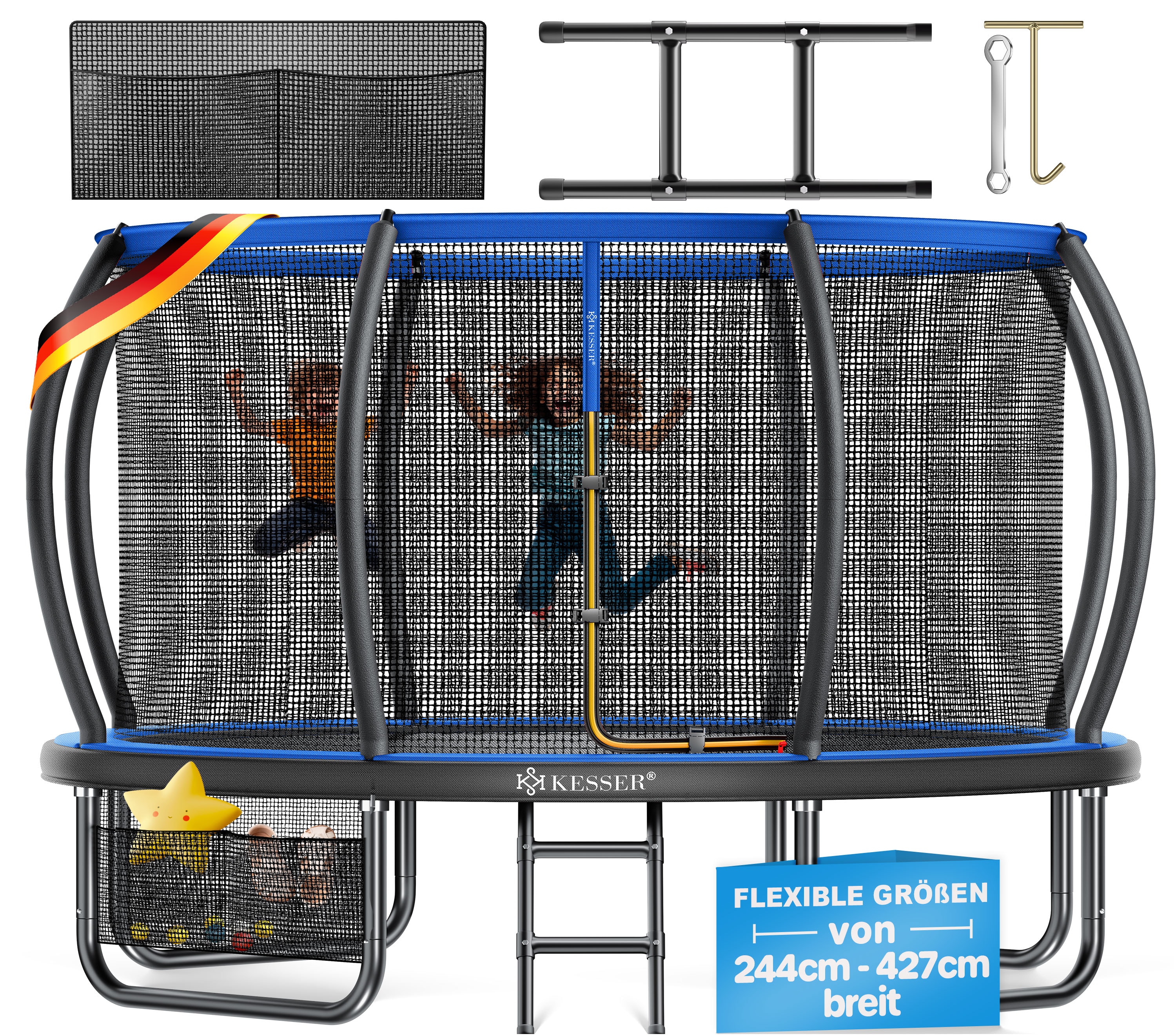 KESSER&reg; Trampolin Outdoor &Oslash; 244/305/366/427 cm, GS-Zertifikat, Gartentrampolin f&uuml;r Kinder & Erwachsene <150 kg mit Sicherheitsnetz, inklusive Tasche, Leiter, Randabdeckung & gepolsterten Netzstangen 