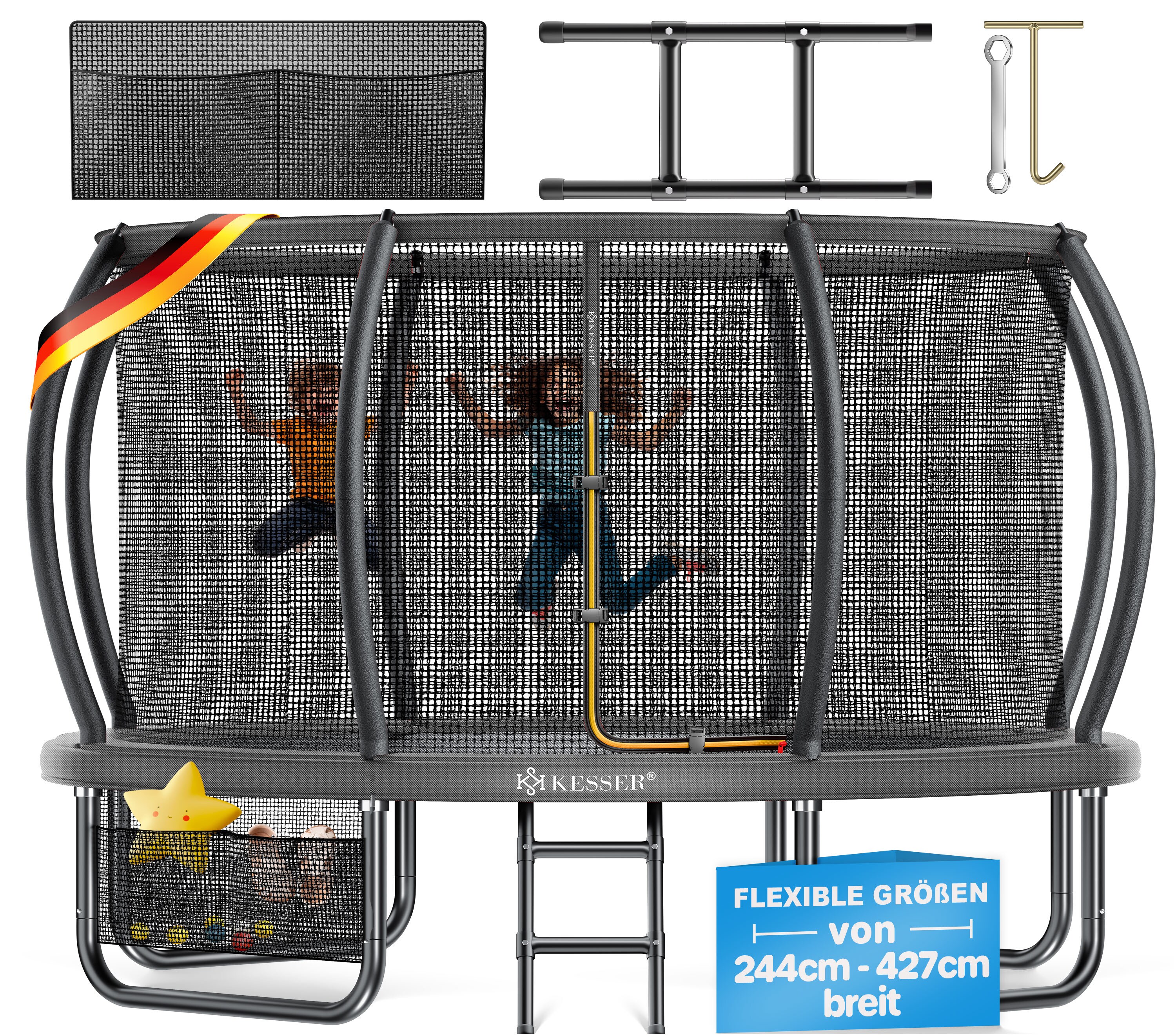 KESSER&reg; Trampolin Outdoor &Oslash; 244/305/366/427 cm, GS-Zertifikat, Gartentrampolin f&uuml;r Kinder & Erwachsene <150 kg mit Sicherheitsnetz, inklusive Tasche, Leiter, Randabdeckung & gepolsterten Netzstangen 