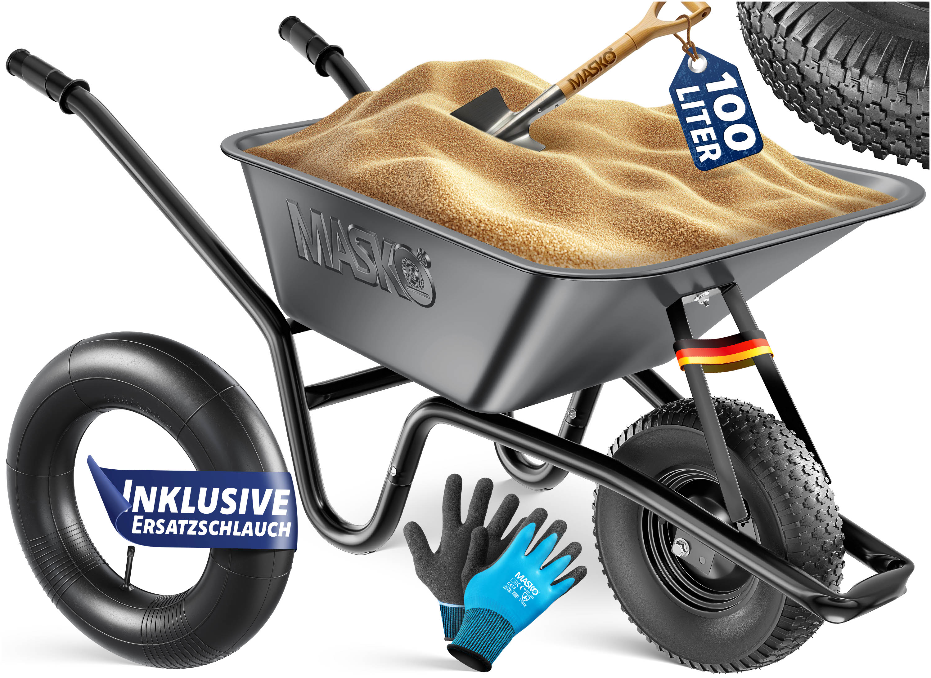 MASKO&reg; Schubkarre Bauschubkarre Gartenschubkarre 100 Liter bis 250kg Luftreifen mit Stahlfelge verzinkt Stahlrahmen Garten Karre Schiebkarre Transportkarre inkl. Arbeitshandschuhe 