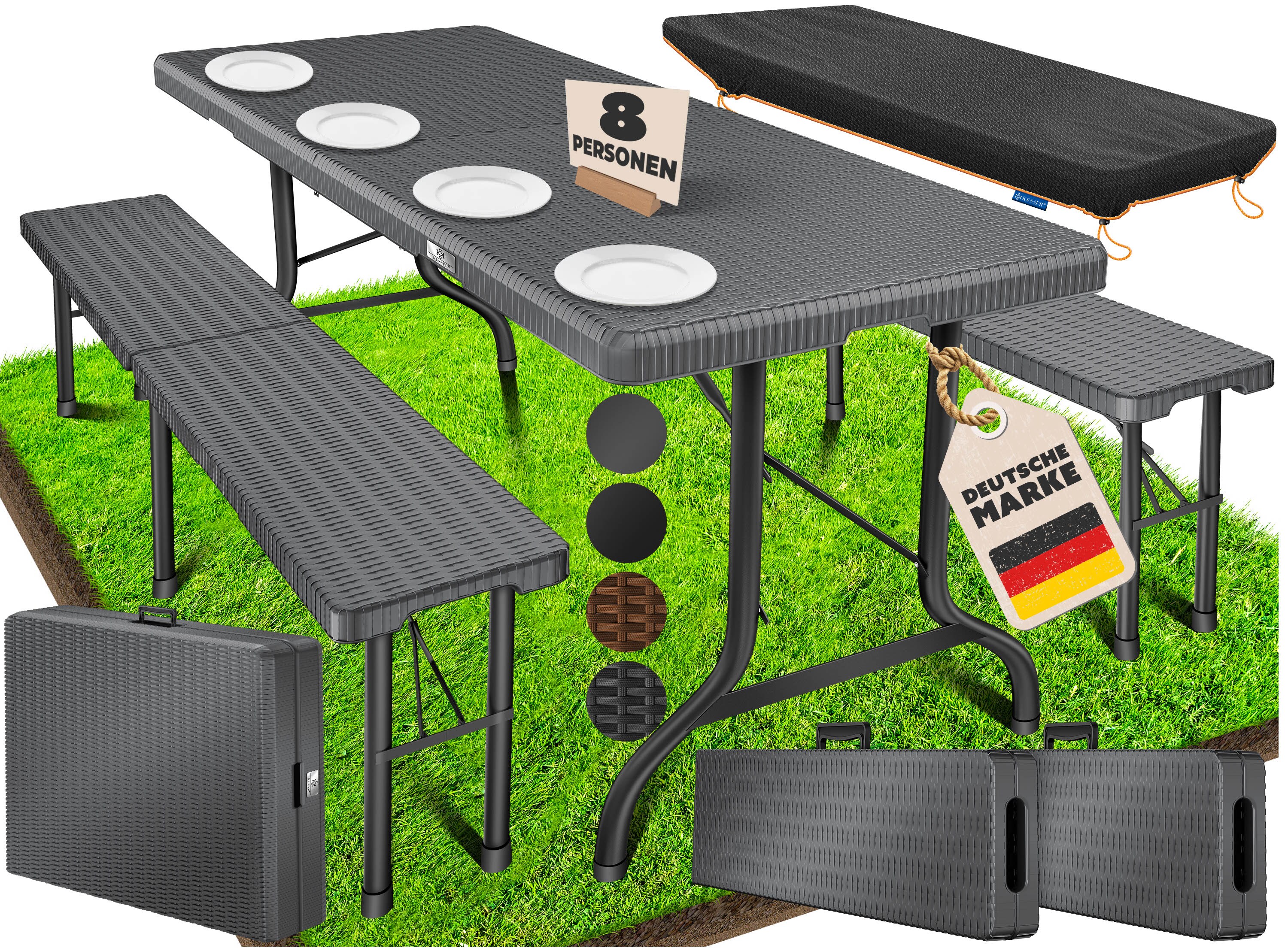 KESSER&reg; Bierzeltgarnitur 3-teilig Set Tisch & 2x Bank | Buffettisch f&uuml;r drinnen & drau&szlig;en Gartengarnitur klappbar 183x76x74cm Kunststoff Klapptisch Gartentisch inkl. Abdeckung & Tragegriffe 