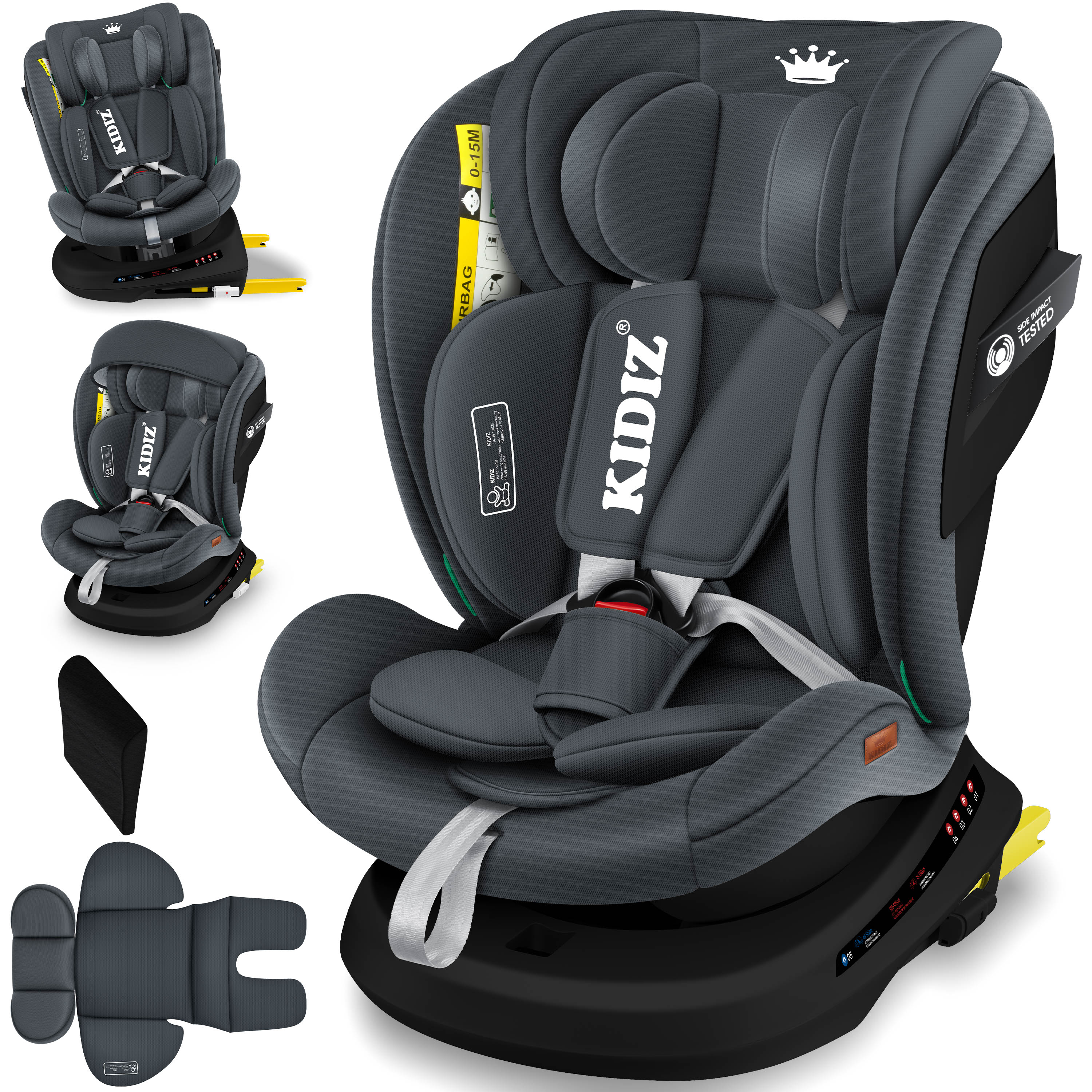 KIDIZ&reg; Kindersitz Autositz Kinderautositz Baby Isofix Top Tether 360&deg; drehbar i-Size Gruppe 0/1/2/3 ab Geburt -12 Jahre + Sonnenschutzdach Seitenschutz 5 Punkt Gurt Kopfst&uuml;tzenverstellung ECE R129 