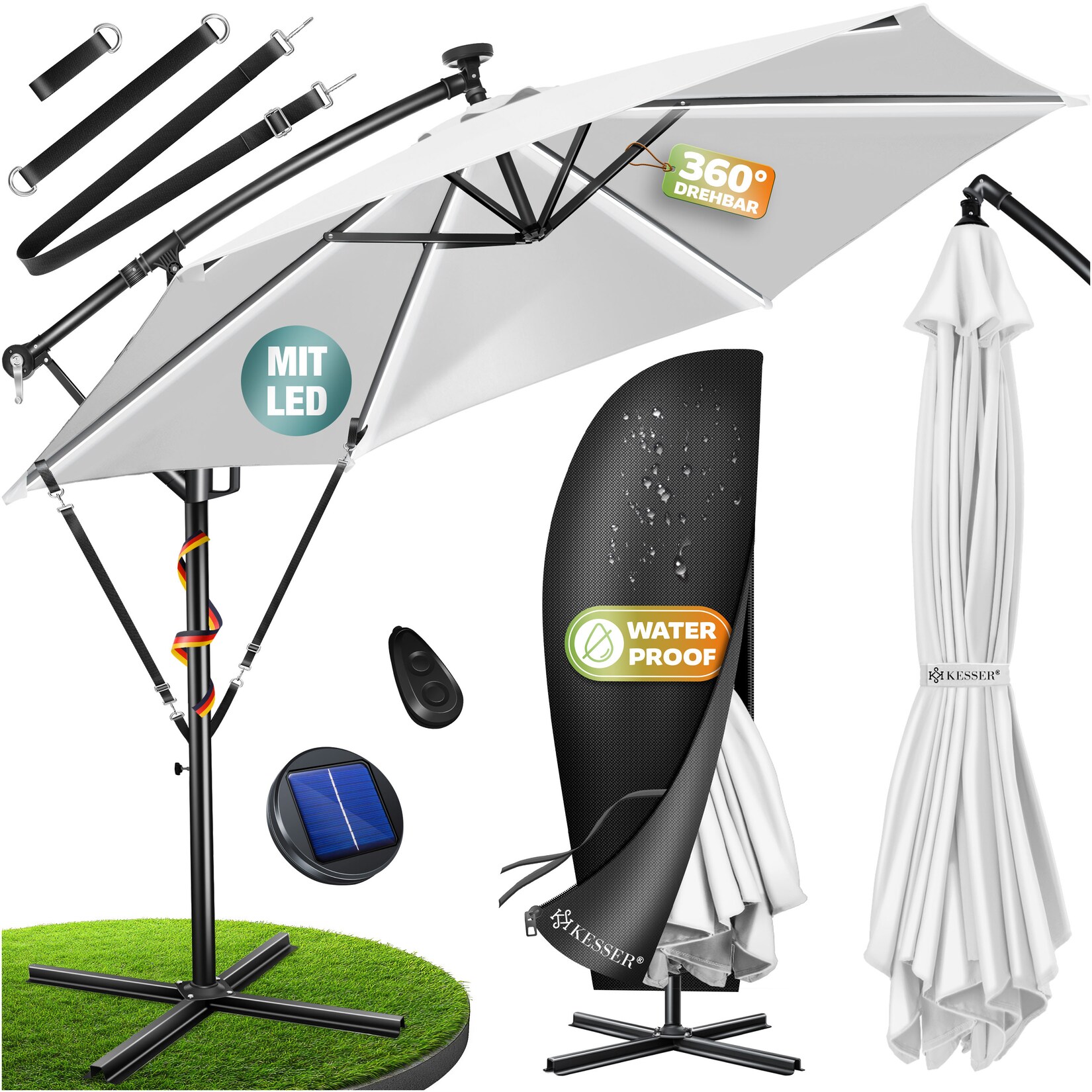 ® Alu Ampelschirm LED Solar + Abdeckung mit Kurbelvorrichtung UV-Schutz Aluminium mit An-/Ausschalter Wasserabweisend - Sonnenschirm Schirm Gartenschirm