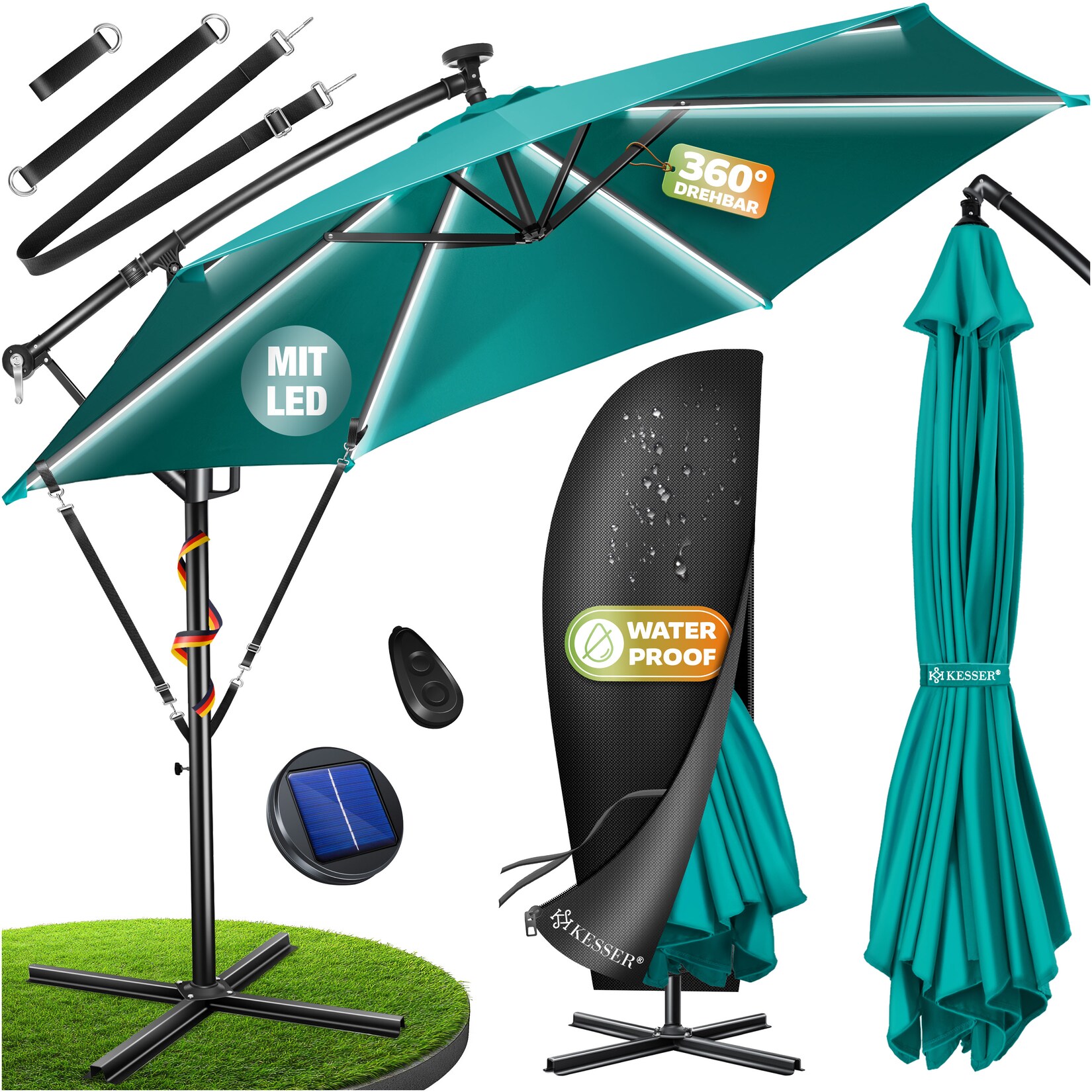 ® Alu Ampelschirm LED Solar + Abdeckung mit Kurbelvorrichtung UV-Schutz Aluminium mit An-/Ausschalter Wasserabweisend - Sonnenschirm Schirm Gartenschirm