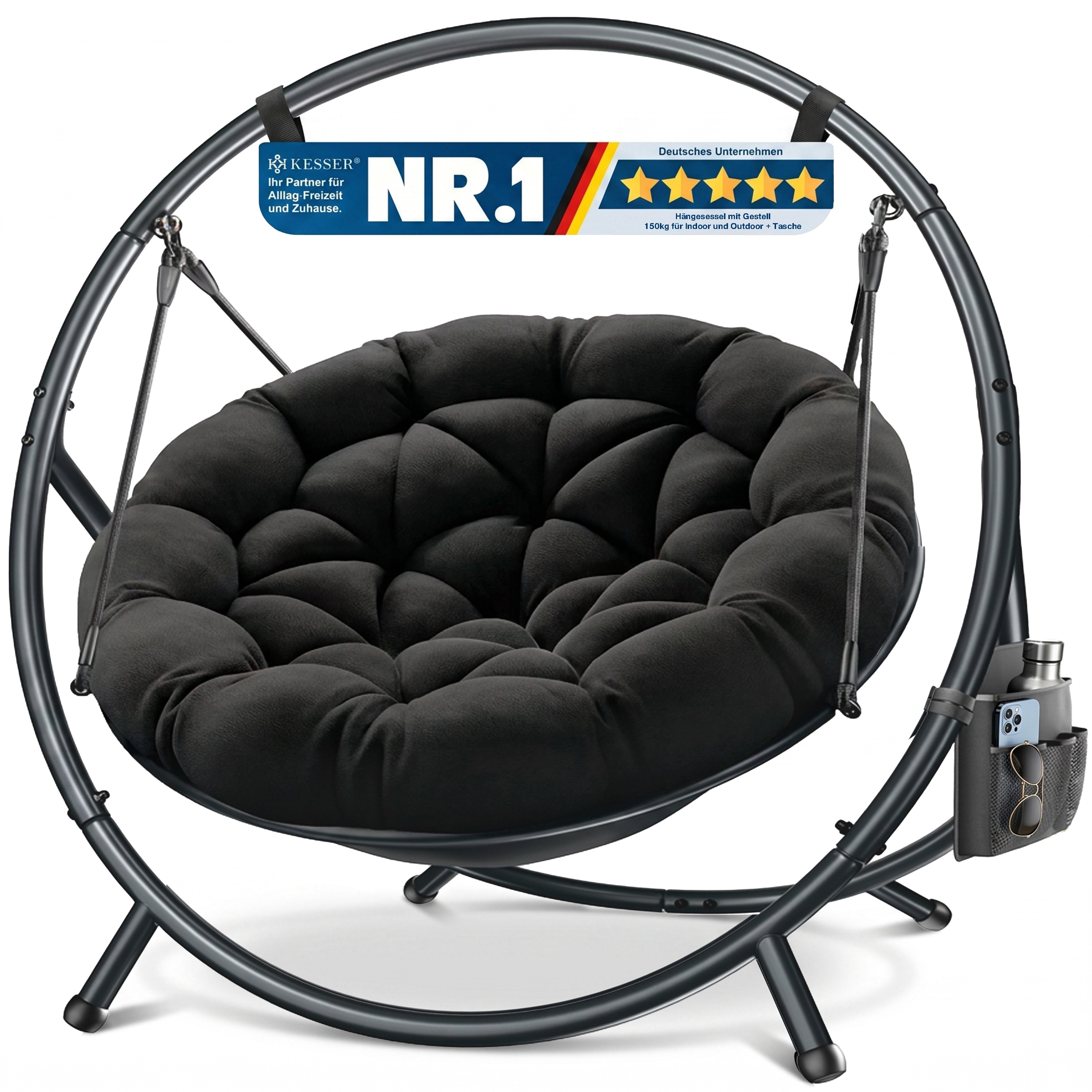 KESSER&reg; H&auml;ngesessel mit Gestell BALI H&auml;ngeschaukel H&auml;ngestuhl bis 150kg f&uuml;r Indoor und Outdoor + Kissen & Seitentasche H&auml;ngekorb Stahlgestell & Schaumstoff Sitzpolster ideal f&uuml;r Wohnzimmer & Garten 
