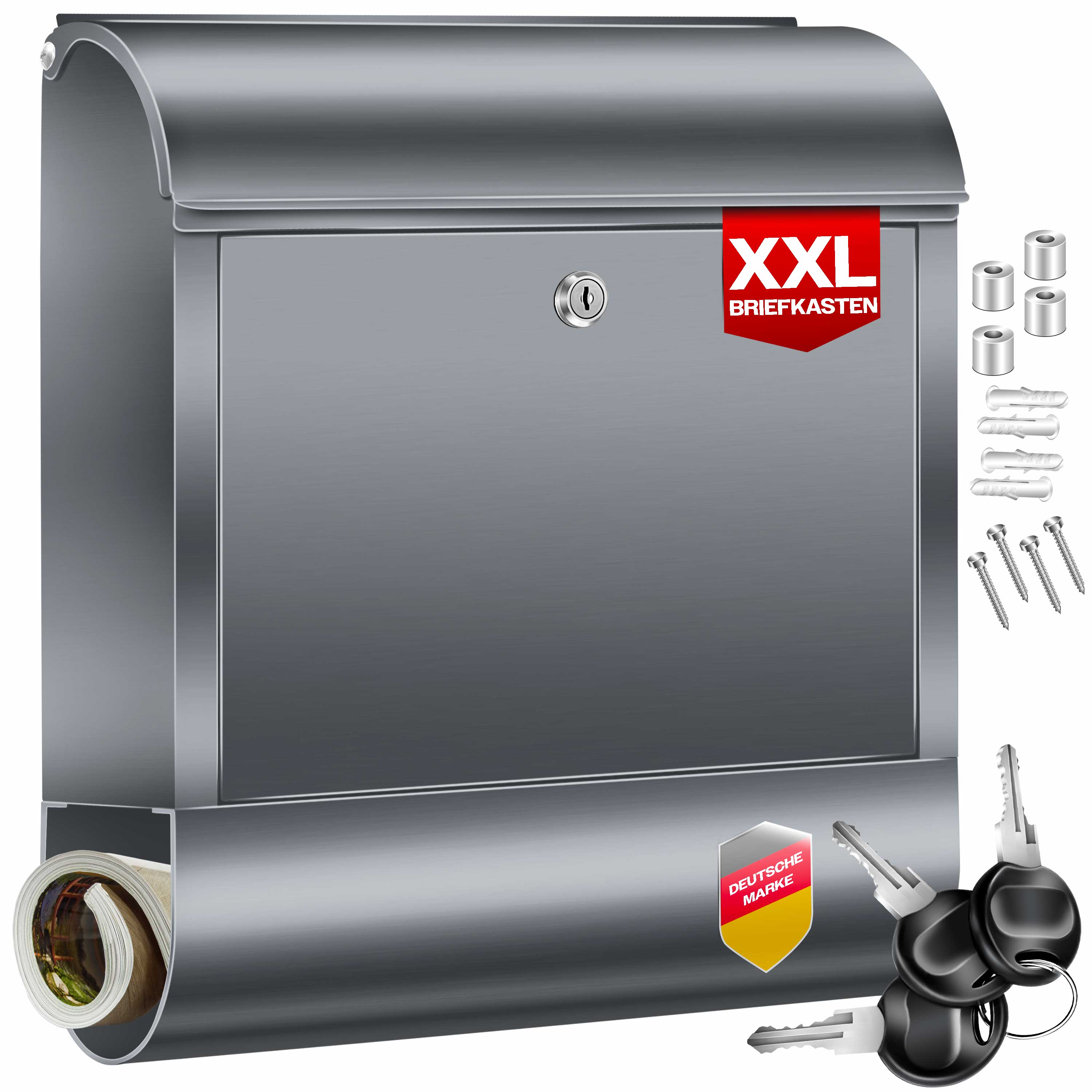 KESSER&reg; XXL Briefkasten Edelstahl mit Zeitungsfach , geb&uuml;rstet , 3x Schl&uuml;ssel abschlie&szlig;bar , Pulverbeschichtet , Wandmontage , gro&szlig; Front-Einwurf: DIN C4 = DIN A4  , inkl. Montagematerial 