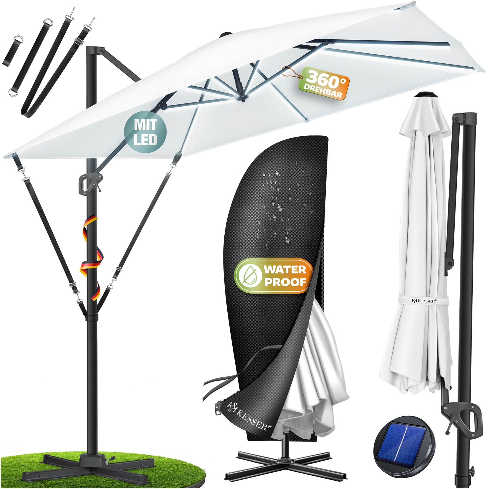 ® Sonnenschirm Ampelschirm SUN XL 300 x 300 cm Inkl. Abdeckung +Windsicherung Drehbar Neigbar Kippbar Marktschirm Groß 360° Rotation, Gartenschirm mit Kurbel Sonnenschutz UV50+