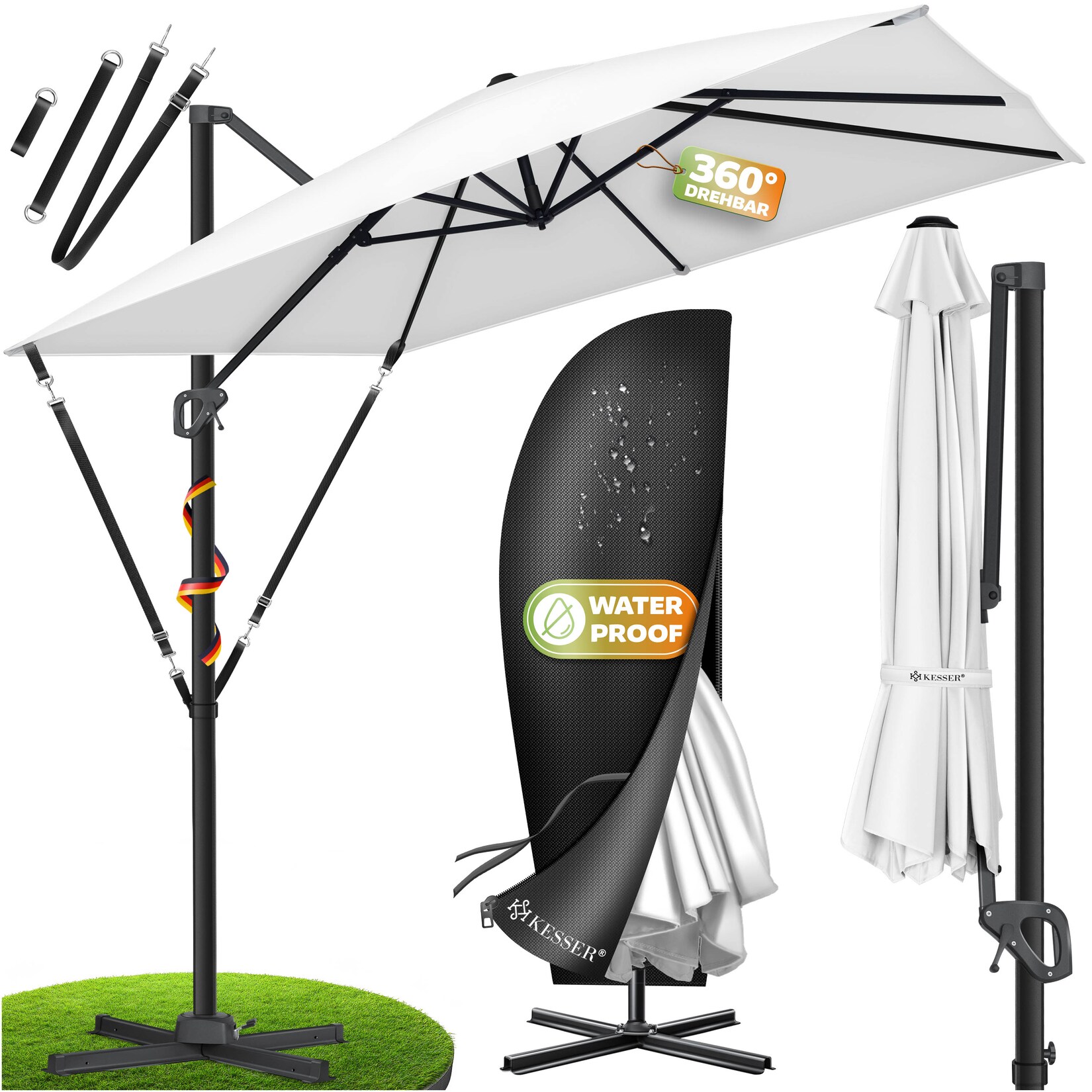 ® Sonnenschirm Ampelschirm SUN XL 300 x 300 cm Inkl. Abdeckung +Windsicherung Drehbar Neigbar Kippbar Marktschirm Groß 360° Rotation, Gartenschirm mit Kurbel Sonnenschutz UV50+