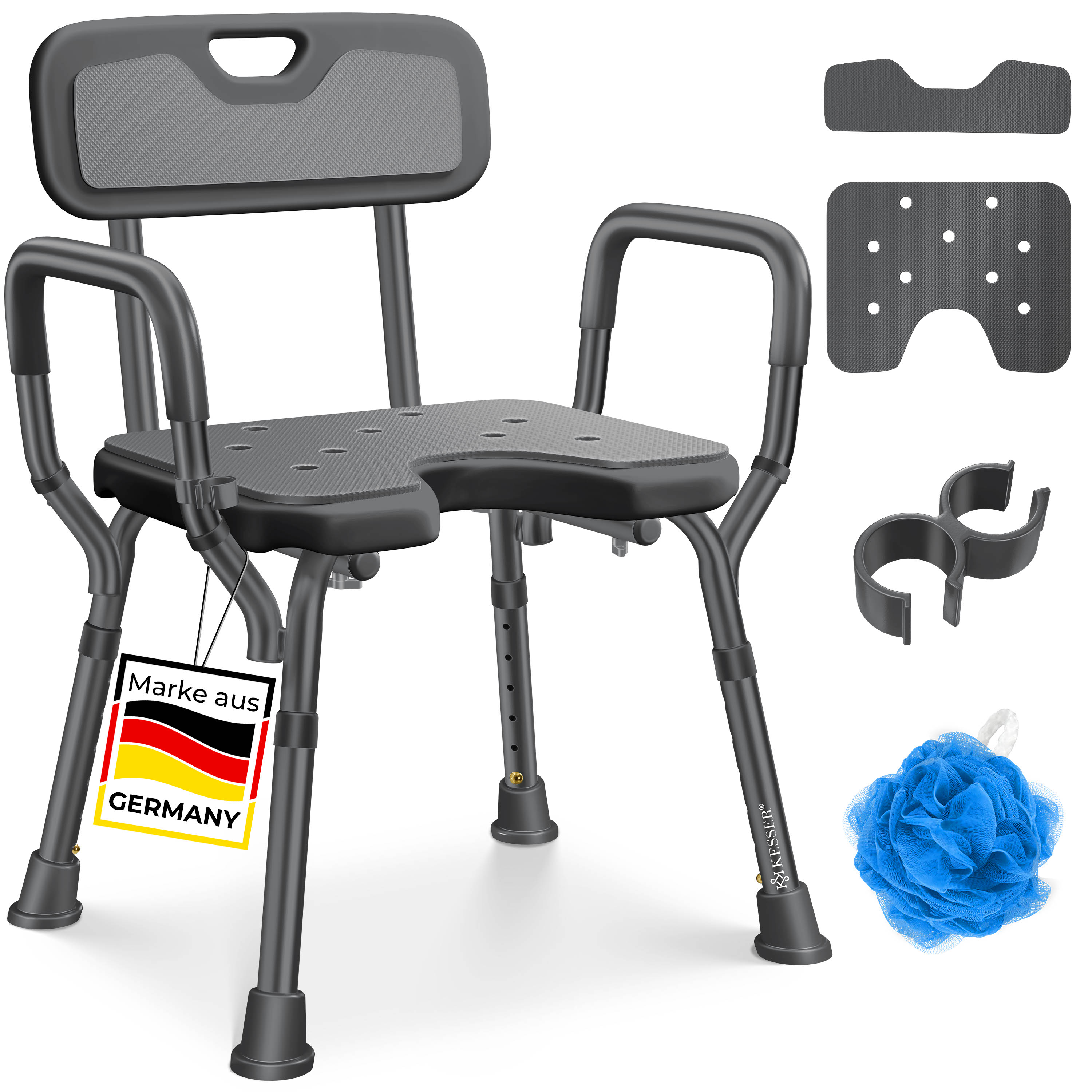 KESSER&reg; Duschhocker mit Lehne h&ouml;henverstellbar in 6 Stufen 38-54cm | Badhocker 150KG belastbar Duschstuhl Anti-Rutsch F&uuml;&szlig;e & Matten | Duschhilfe Senioren & Schwangere Duschsitz mit Brausehalterung 