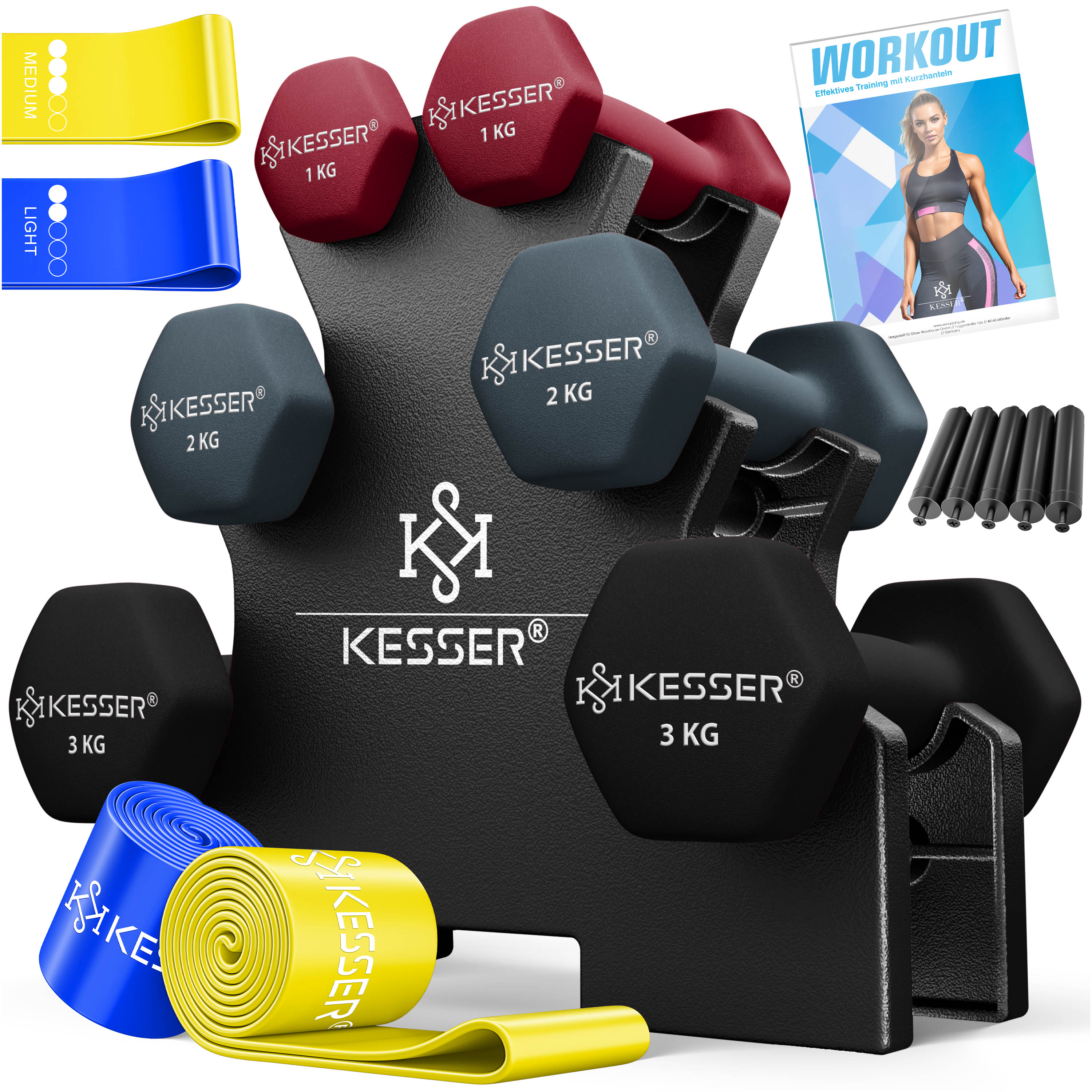 KESSER&reg; Hantel-Set, 3 Paar, 1kg - 5kg, 12kg oder 18kg kurzhanteln mit St&auml;nder Aufbewahrung, Fitnessstudio, Krafttraining, Hantelset rutschfeste Neopren, Mit &Uuml;bungsheft, 2x Fitnessb&auml;nder 