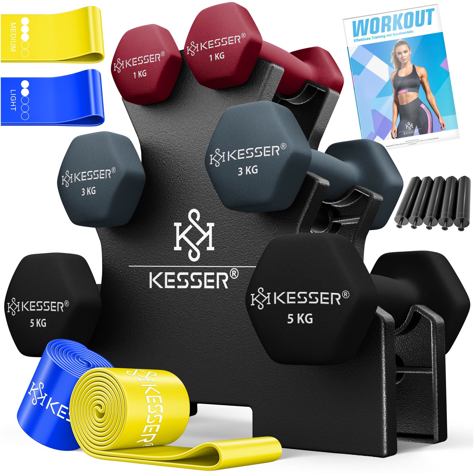 ® Hantel-Set, 3 Paar,  - 5kg, 12kg oder 18kg kurzhanteln mit Ständer Aufbewahrung, Fitnessstudio, Krafttraining, Hantelset rutschfeste Neopren, Mit Übungsheft, 2x Fitnessbänder