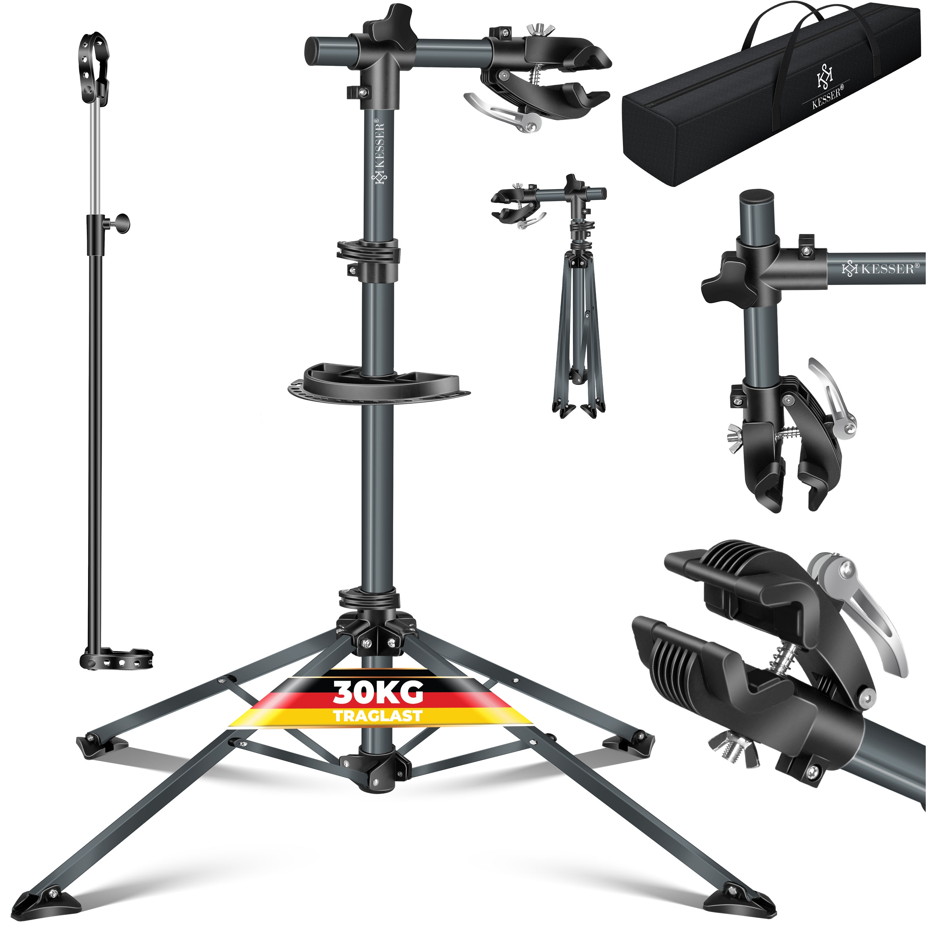 KESSER&reg; Fahrradmontagest&auml;nder Profi Reparaturst&auml;nder Fahrradst&auml;nder + Tasche Fahrradreparaturst&auml;nder bis 30 kg Fahrrad Montagest&auml;nder inkl. Werkzeugschale + Magnetfach, 360&deg; drehbar Mountainbike 