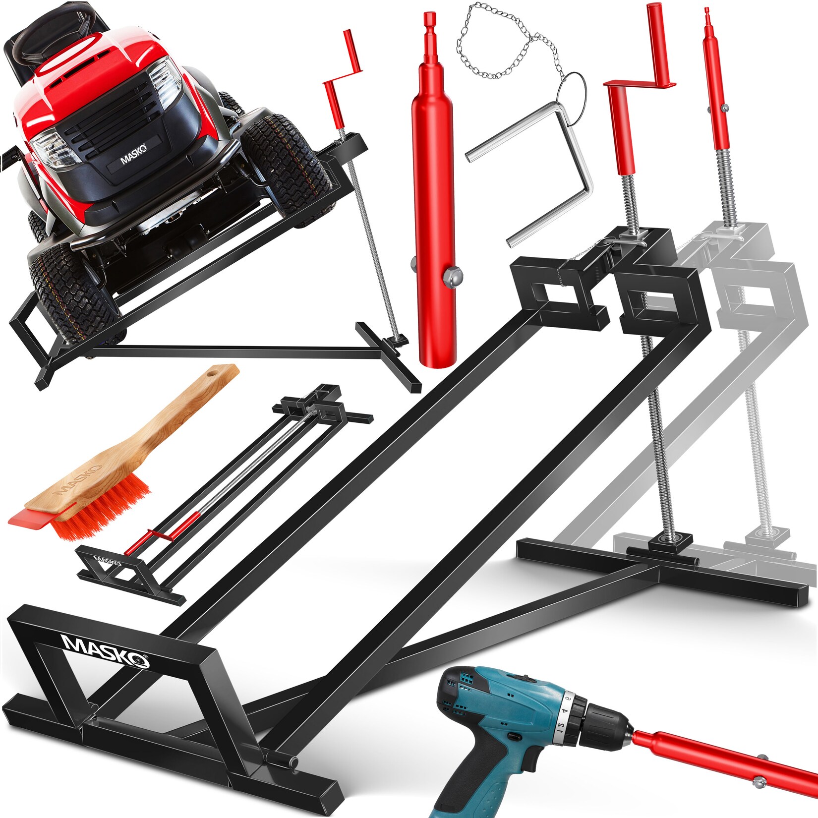® XXL Rasentraktorheber  Hebevorrichtung Hebebühne Aufsitzmäher Reinigungshilfe universal, Rasentraktor-Heber, Rasentraktor +45° Neigung verstellbar inkl. Bürste